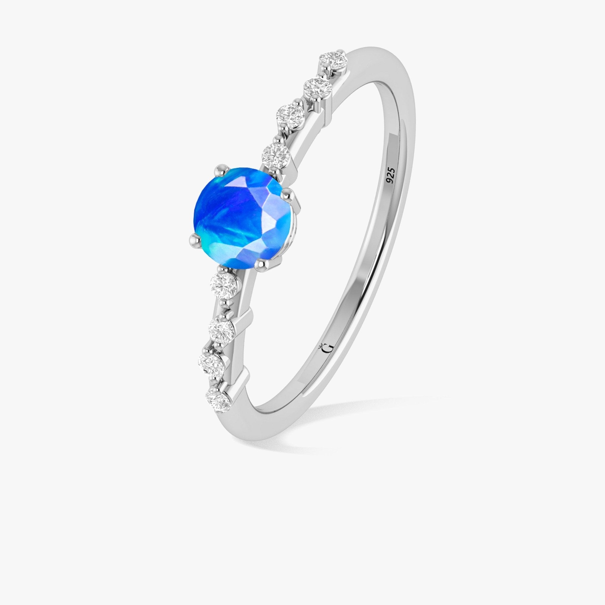 Natural Blue Opal ROUND STONE MINIMALIST SOLITAIRE WITH ACCENTS RING - Goodstone Jewels