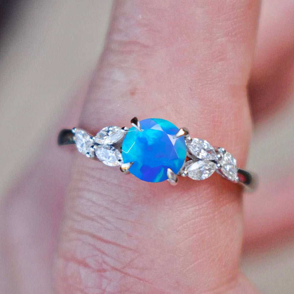 Natural Blue Opal Round Stone Statement Ring in Silver & Gold Filled - Goodstone Jewels