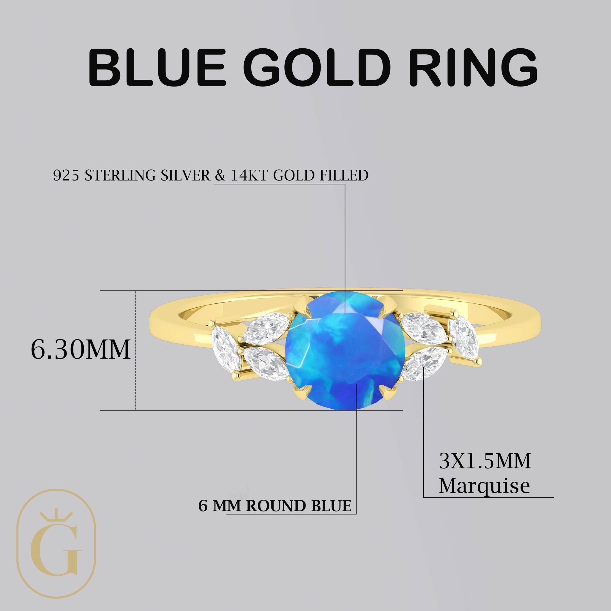 Natural Blue Opal Round Stone Statement Ring in Silver & Gold Filled - Goodstone Jewels