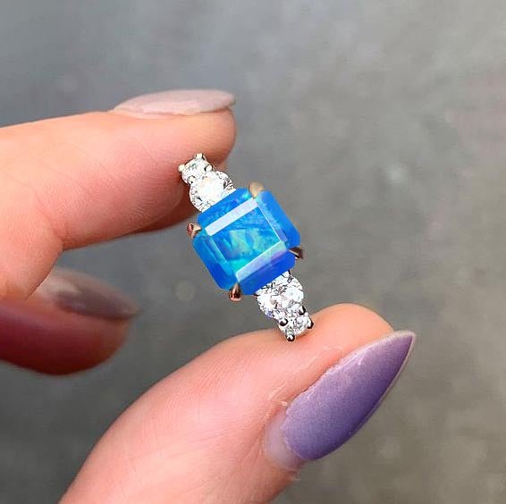 Natural Blue Opal Square Stone with Side Zircon Statement Ring - Goodstone Jewels