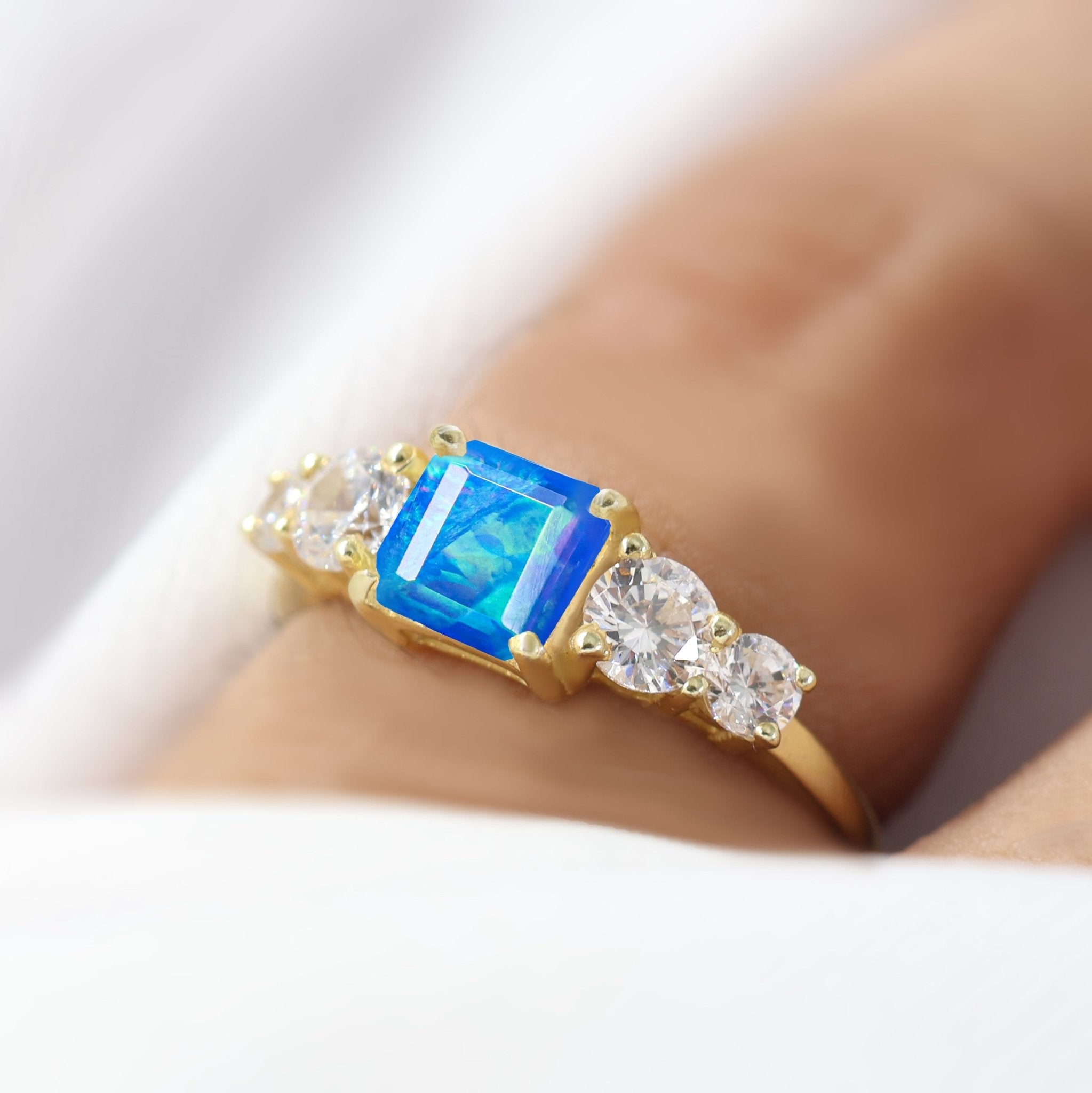 Natural Blue Opal Square Stone with Side Zircon Statement Ring - Goodstone Jewels