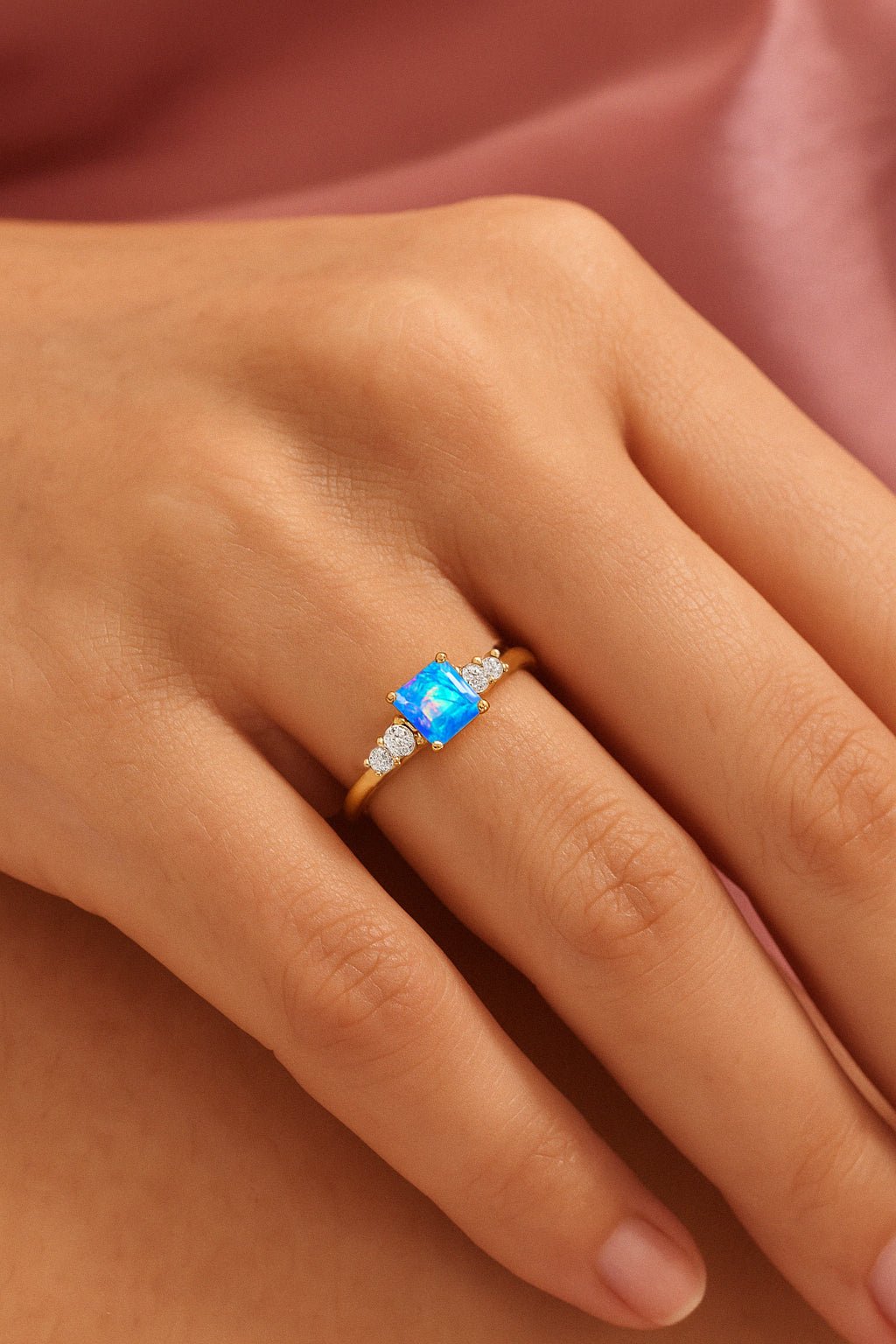 Natural Blue Opal Square Stone with Side Zircon Statement Ring - Goodstone Jewels