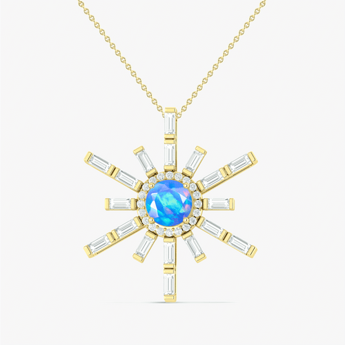 Natural Blue Opal Sun Charm Halo Pendant Necklace