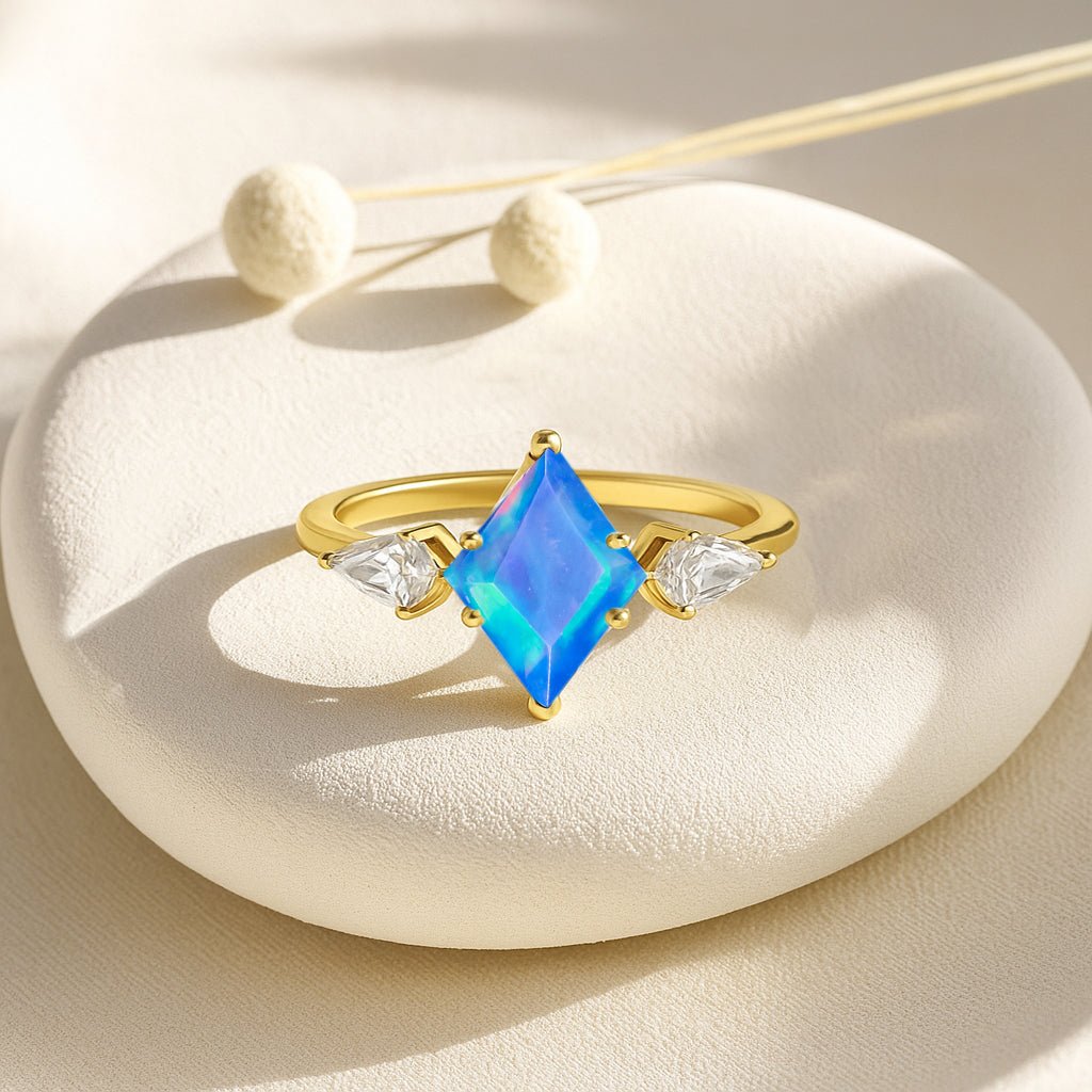 Natural Blue Opal Three Stone Ring Wedding, Anniversary, Promise Rings - Goodstone Jewels