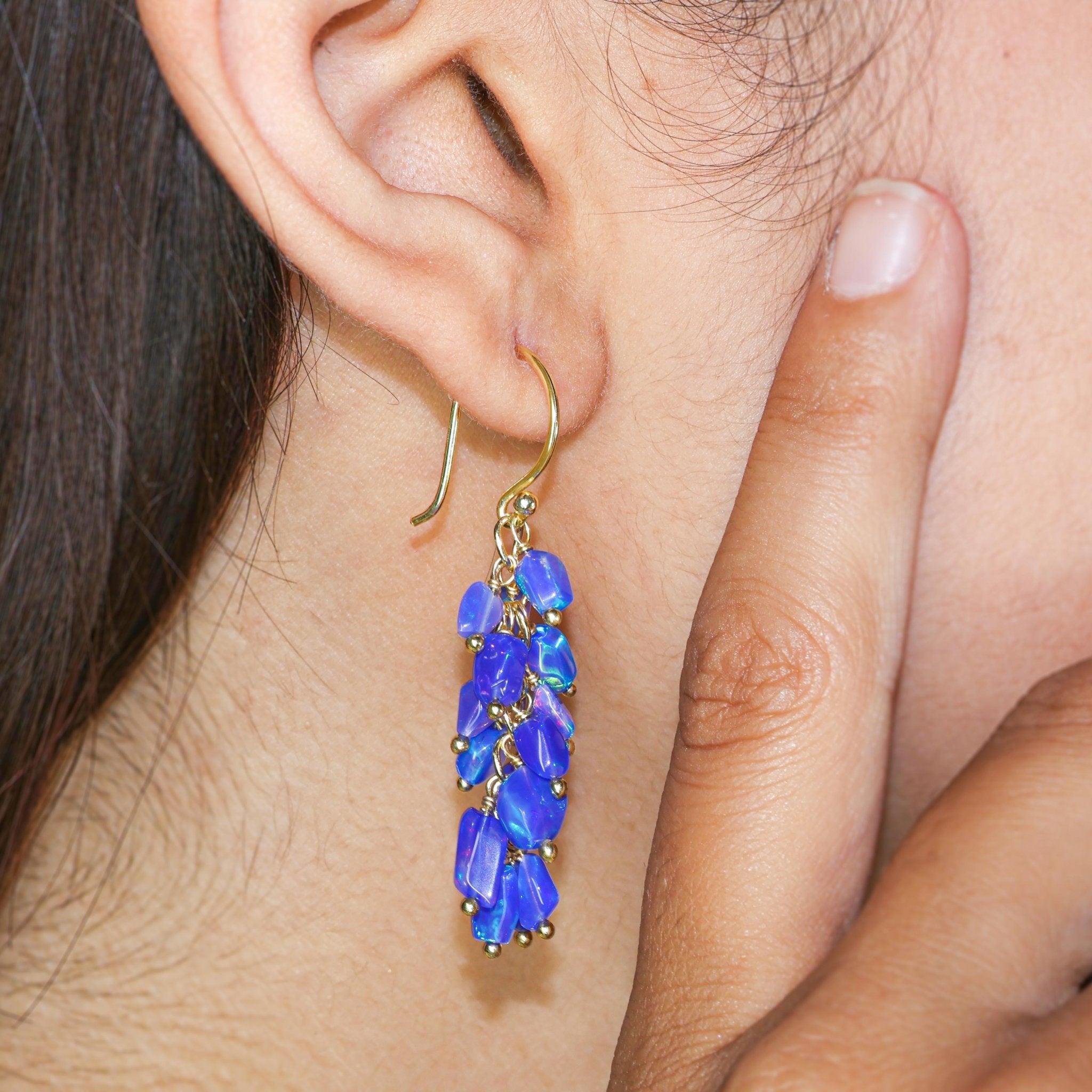 Natural Blue Opal Tumble Shape Beaded Cluster Earrings - Goodstone Jewels