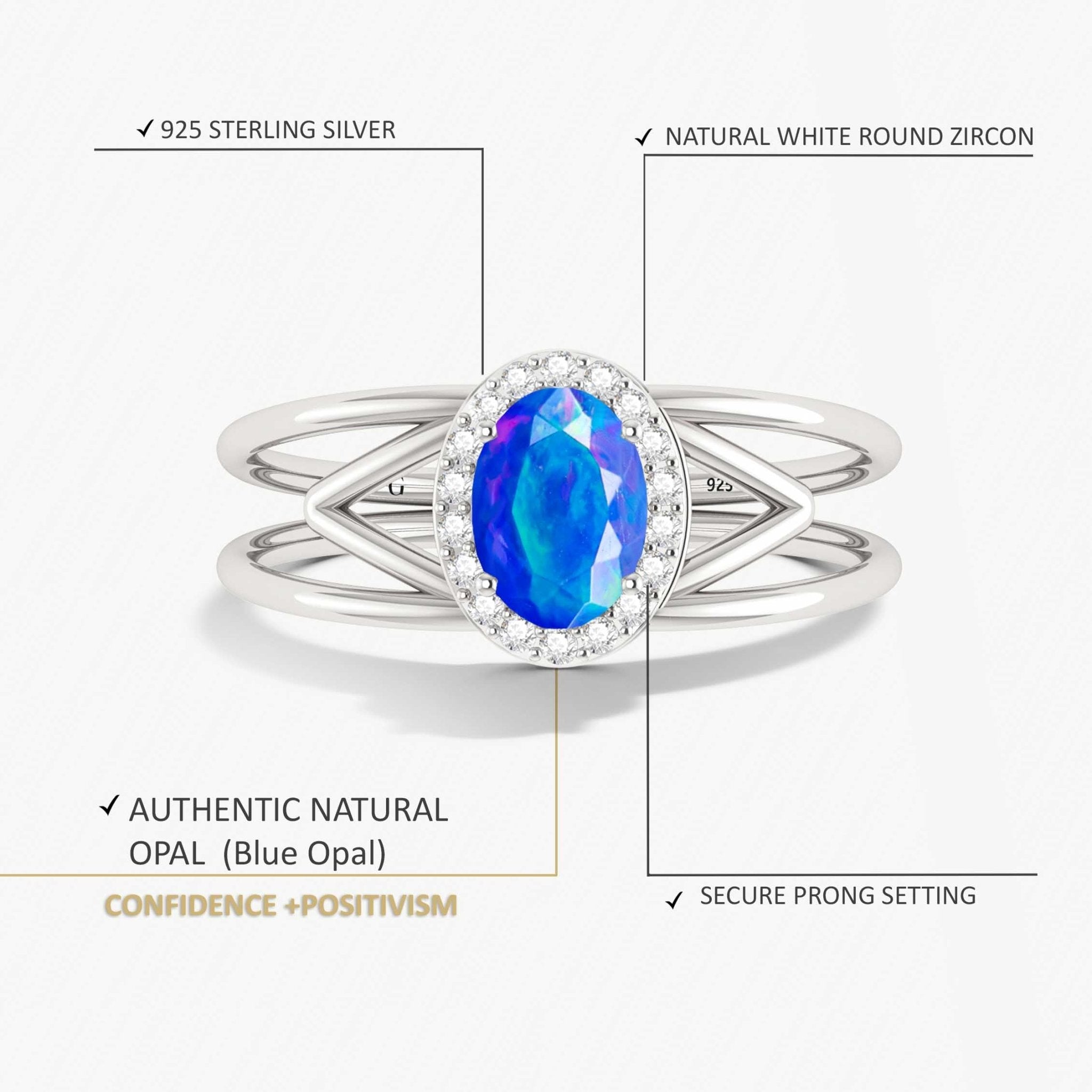 Natural Blue Opal & White Zircon Stackable Halo Ring - Goodstone Jewels