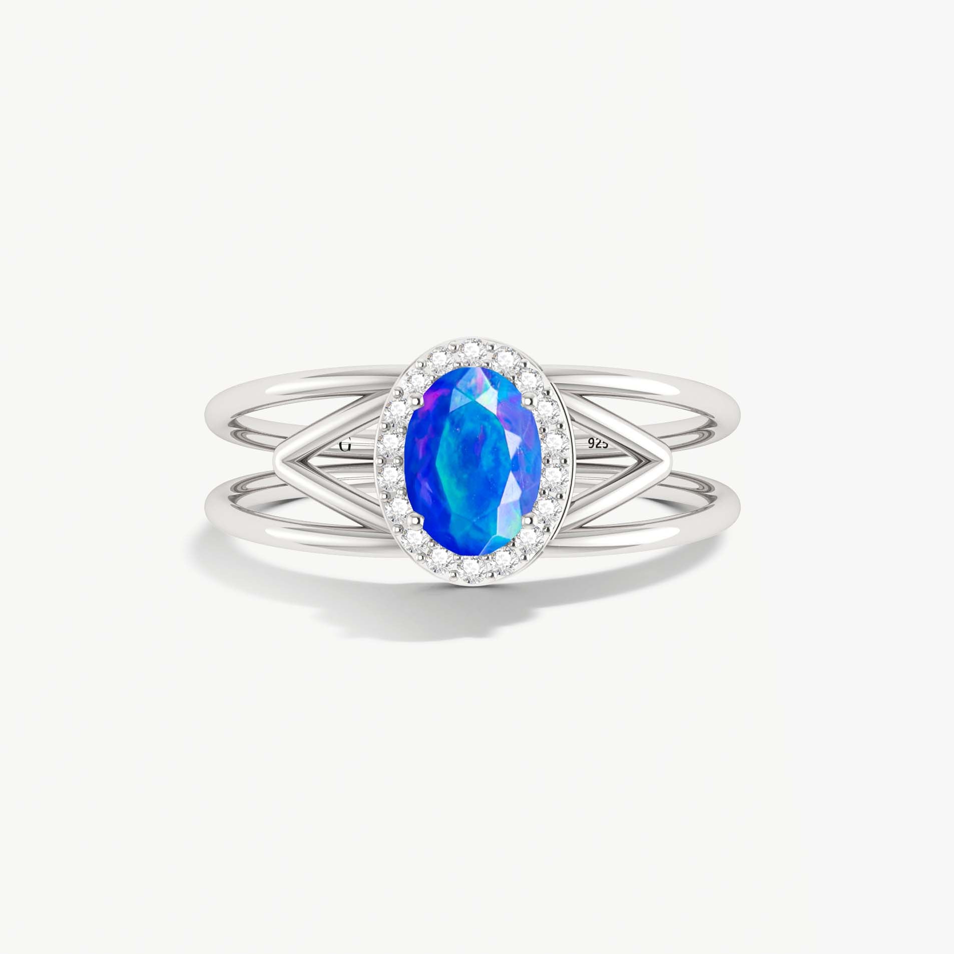 Natural Blue Opal & White Zircon Stackable Halo Ring - Goodstone Jewels