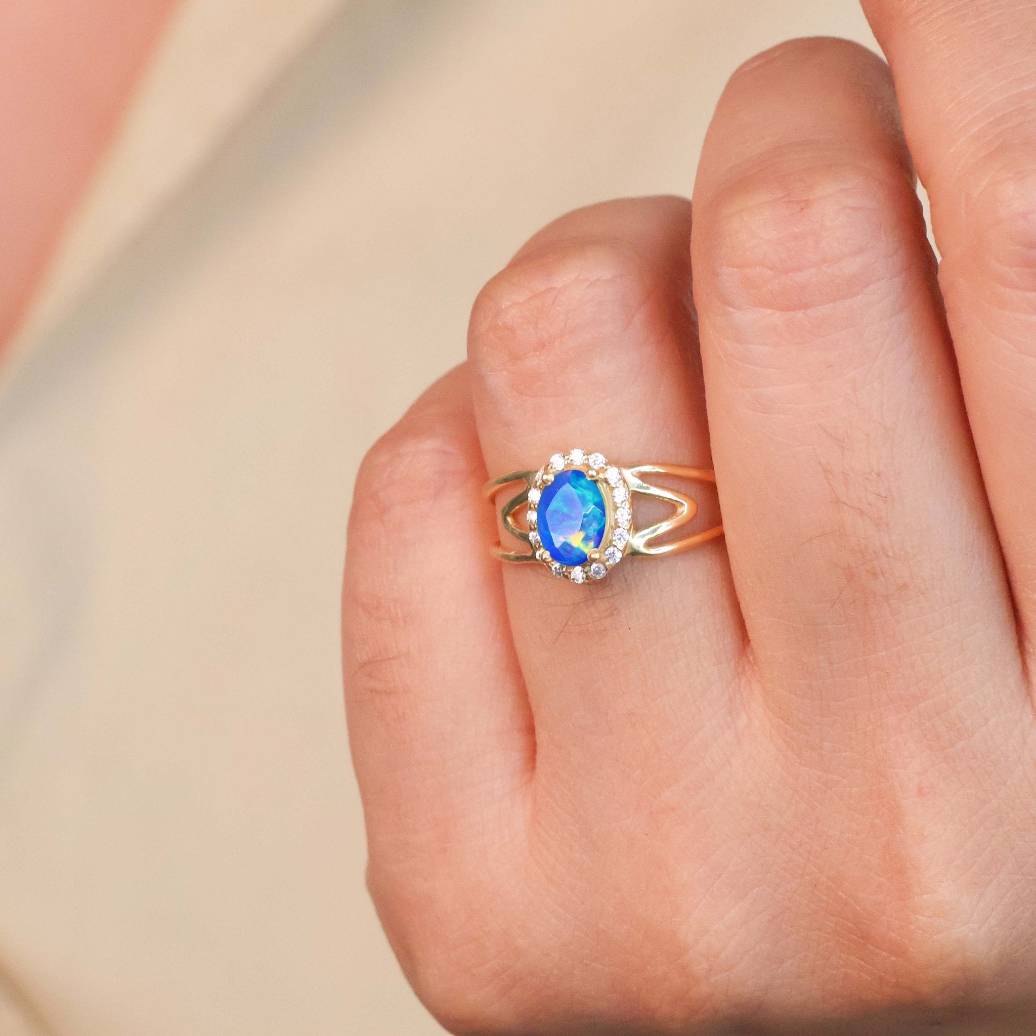 Natural Blue Opal & White Zircon Stackable Halo Ring - Goodstone Jewels