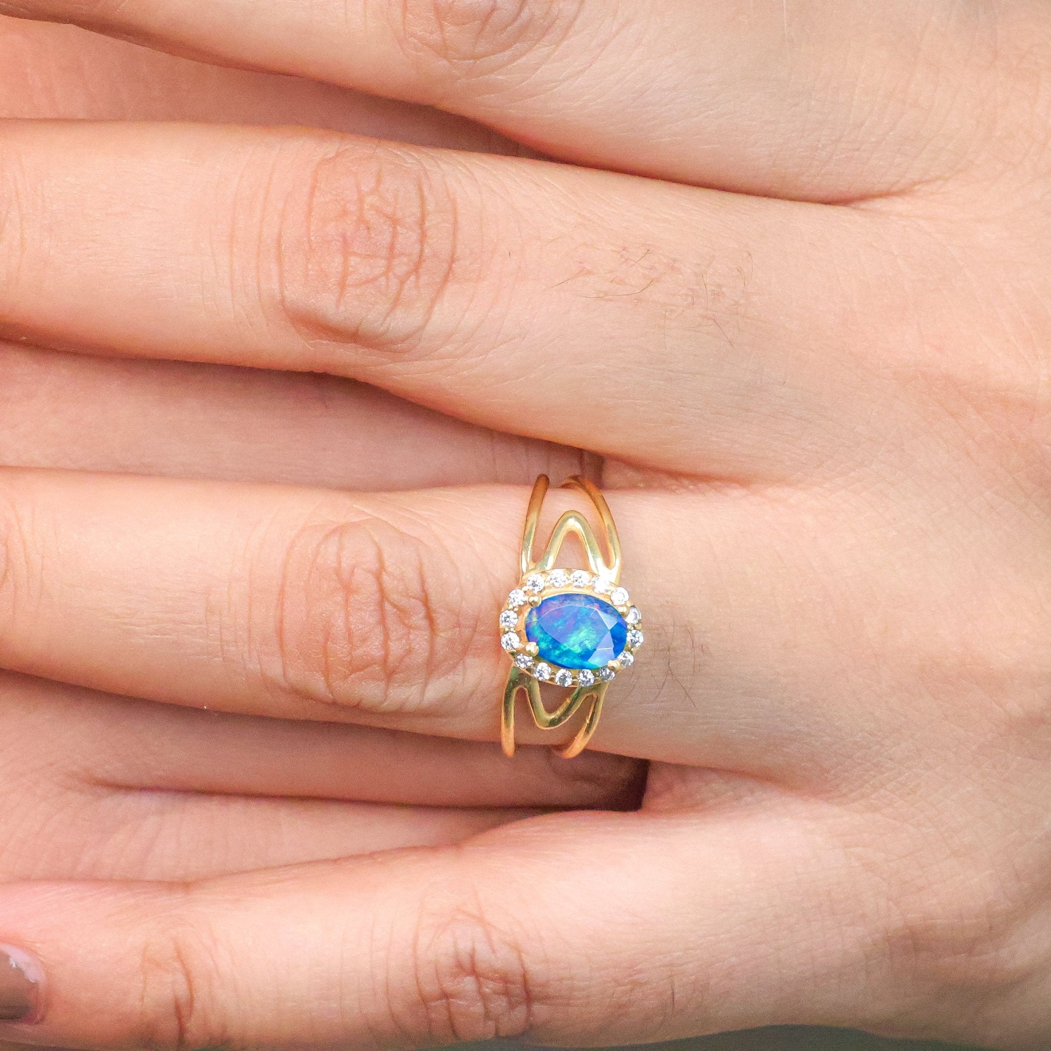 Natural Blue Opal & White Zircon Stackable Halo Ring - Goodstone Jewels