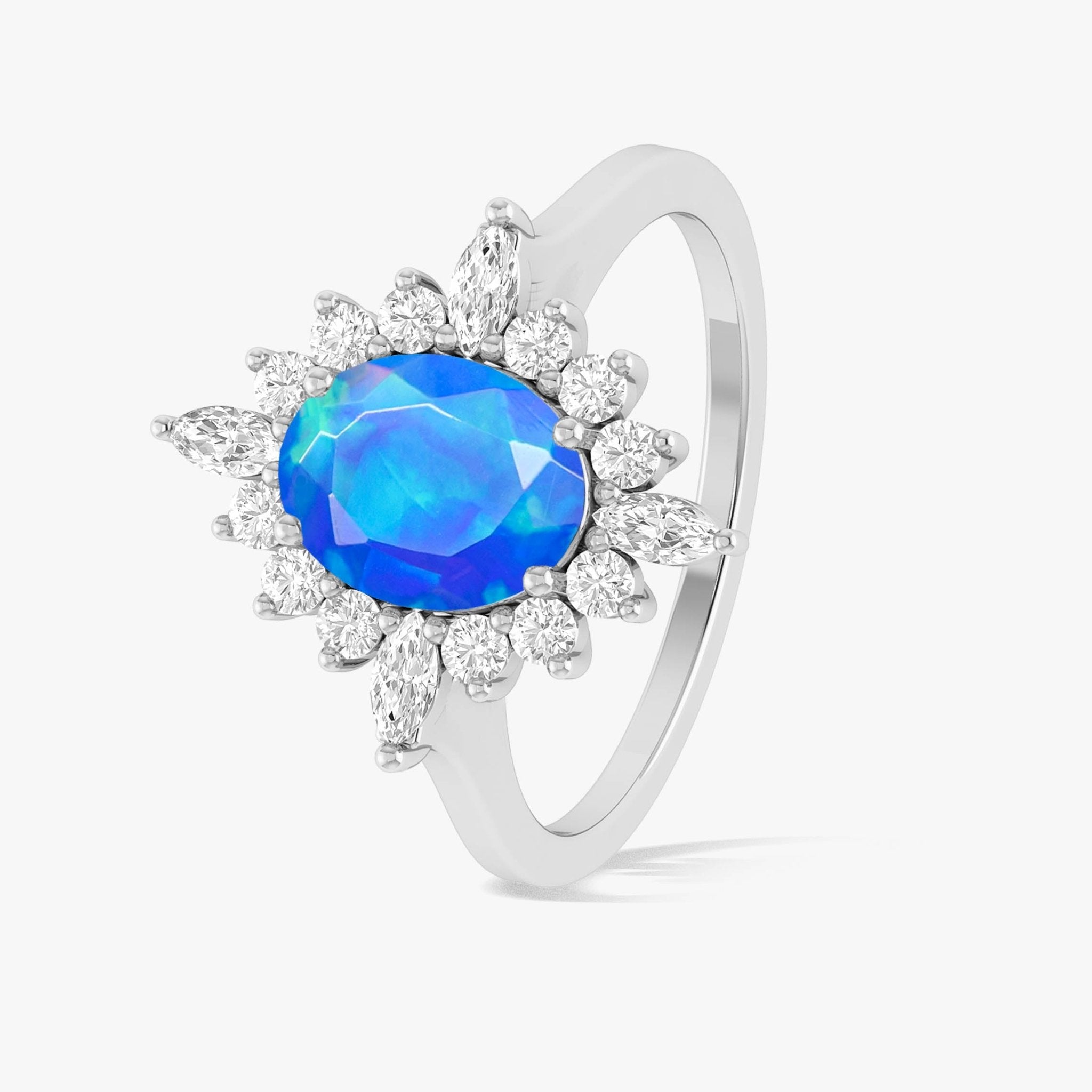 Natural Blue Opal with White Zircon Halo Ring in Silver & Yellow Gold Filled - Goodstone Jewels