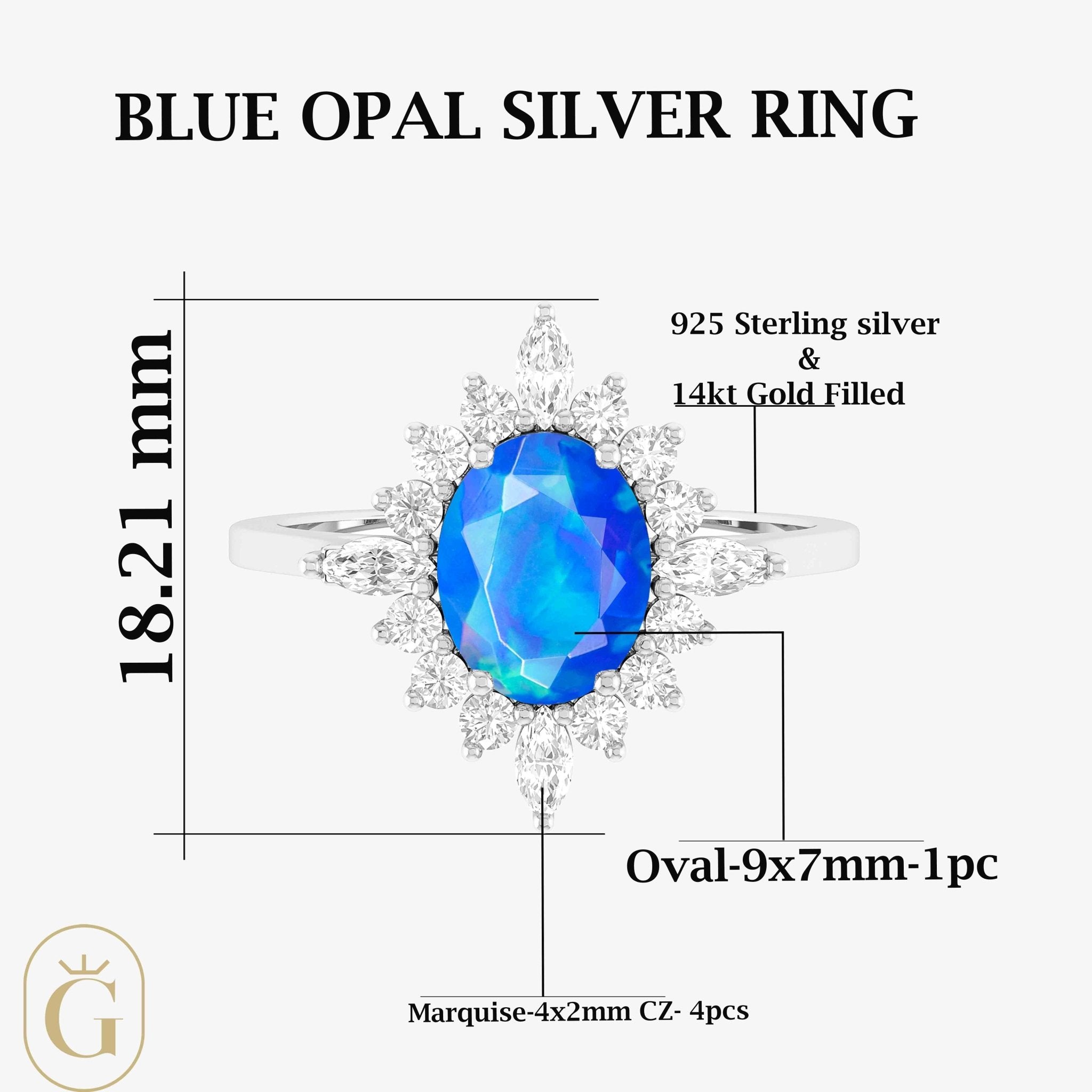 Natural Blue Opal with White Zircon Halo Ring in Silver & Yellow Gold Filled - Goodstone Jewels