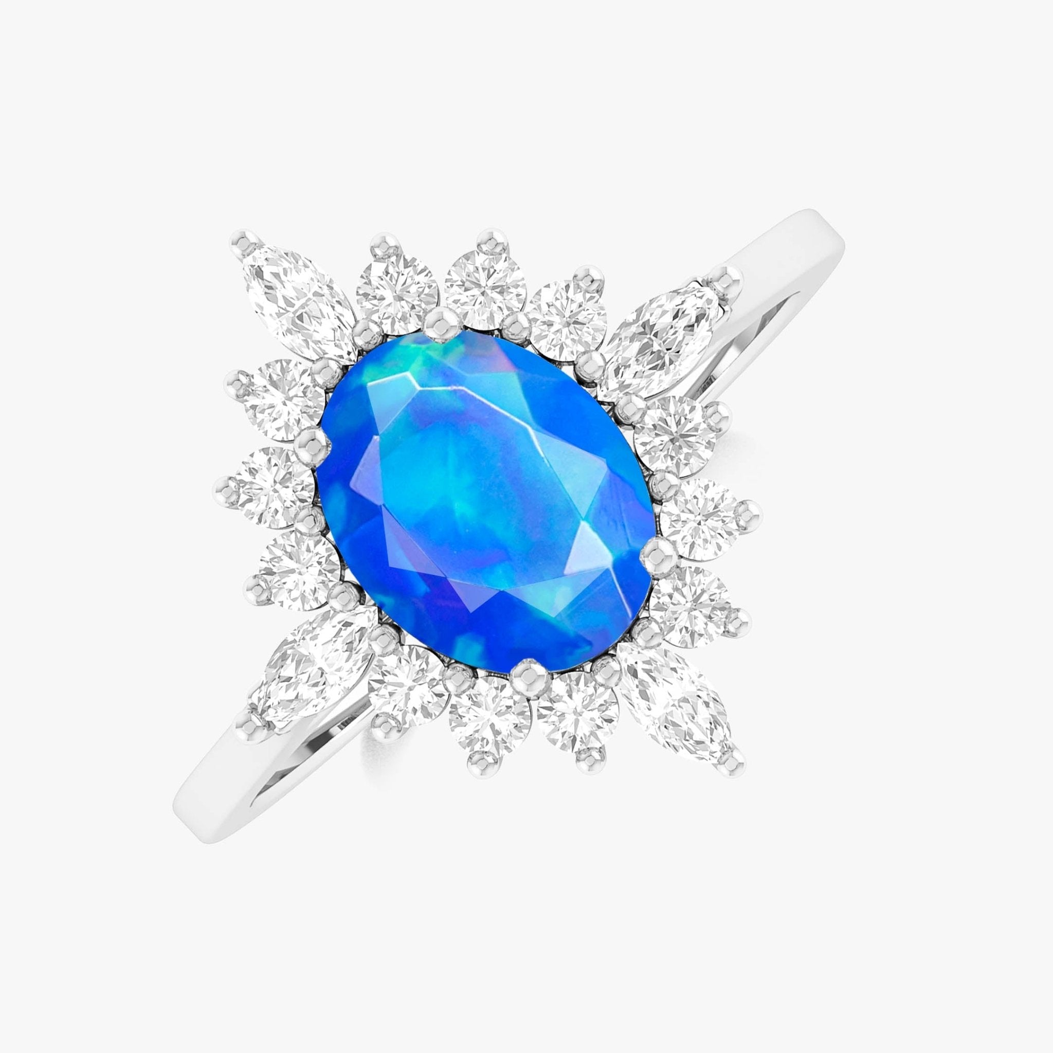 Natural Blue Opal with White Zircon Halo Ring in Silver & Yellow Gold Filled - Goodstone Jewels