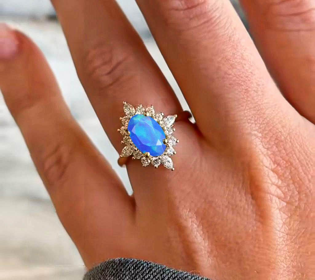 Natural Blue Opal with White Zircon Halo Ring in Silver & Yellow Gold Filled - Goodstone Jewels