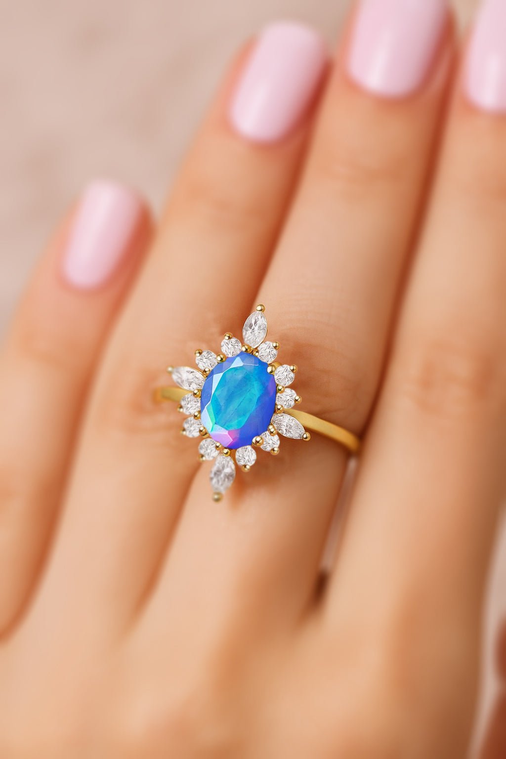 Natural Blue Opal with White Zircon Halo Ring in Silver & Yellow Gold Filled - Goodstone Jewels