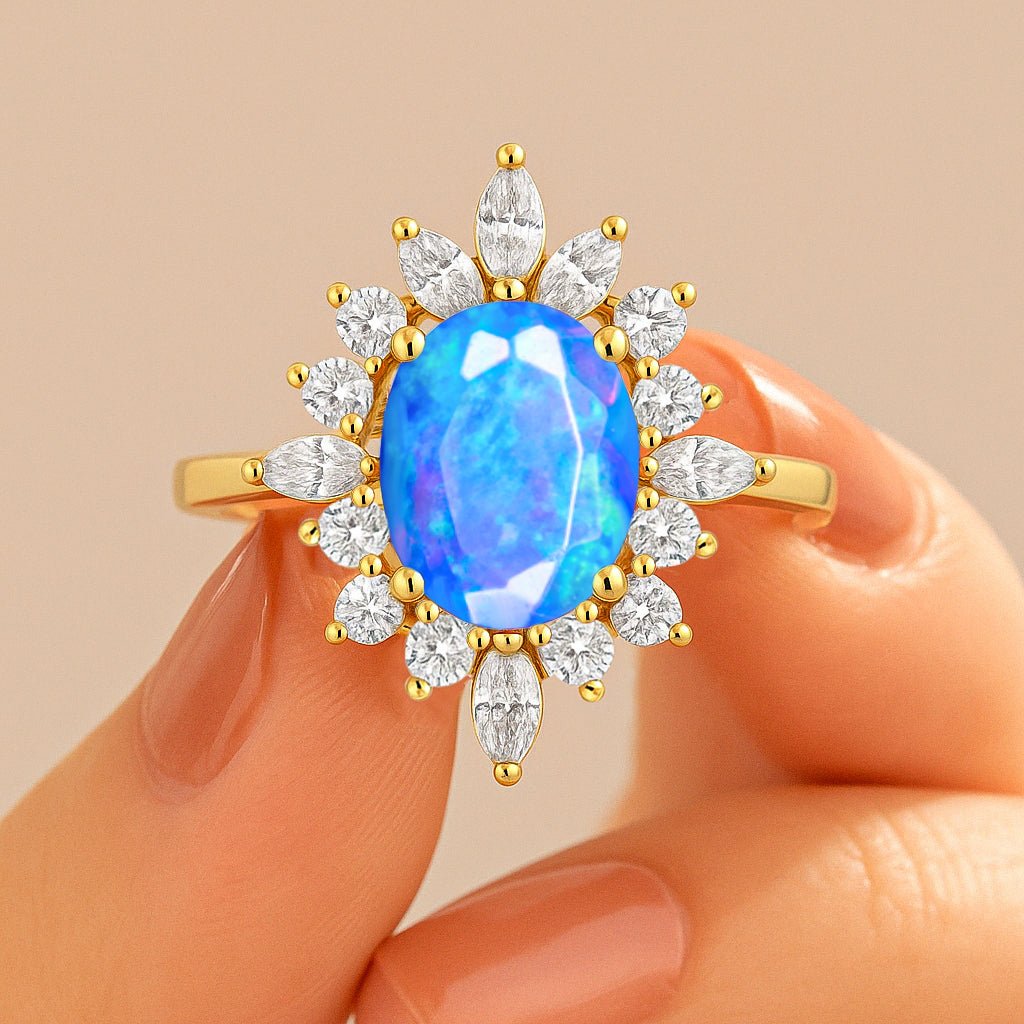 Natural Blue Opal with White Zircon Halo Ring in Silver & Yellow Gold Filled - Goodstone Jewels