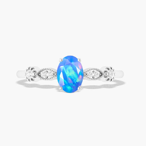 Natural Blue Opal with White Zircon Side Stone Solitaire Ring