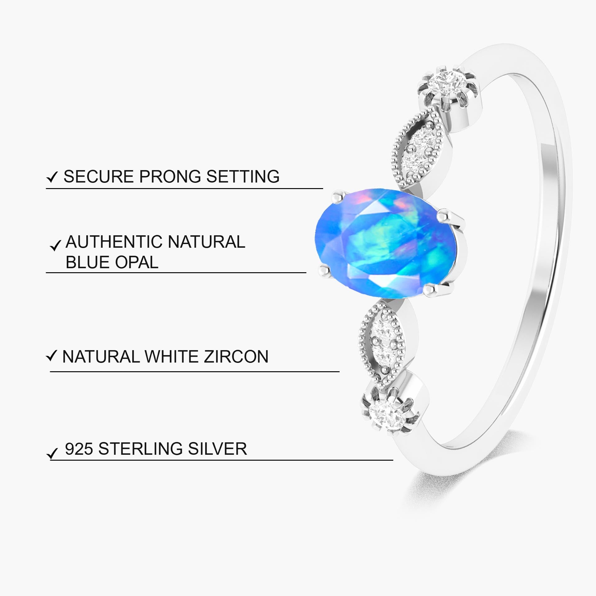 Natural Blue Opal with White Zircon Side Stone Solitaire Ring - Goodstone Jewels