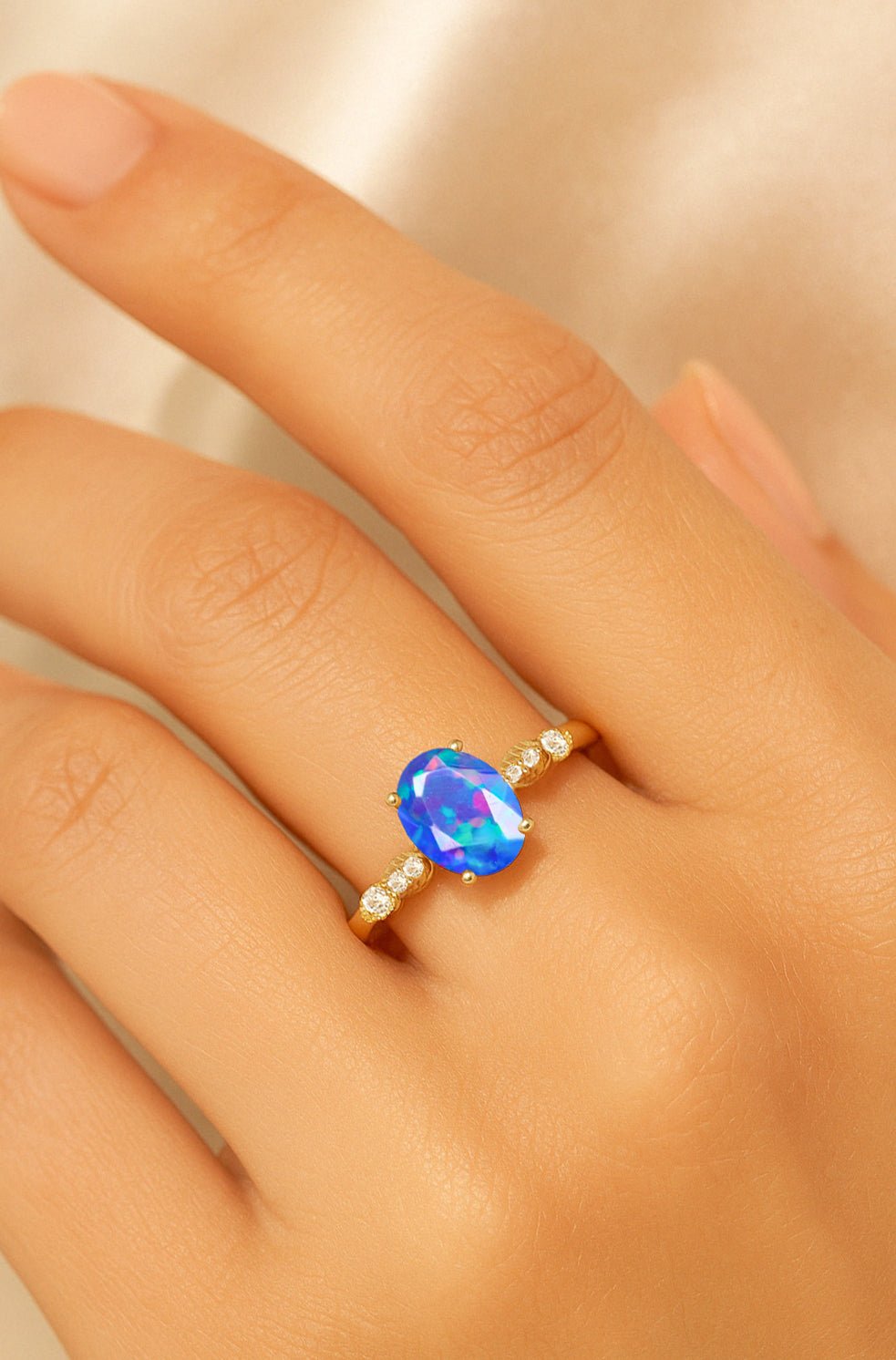 Natural Blue Opal with White Zircon Side Stone Solitaire Ring - Goodstone Jewels