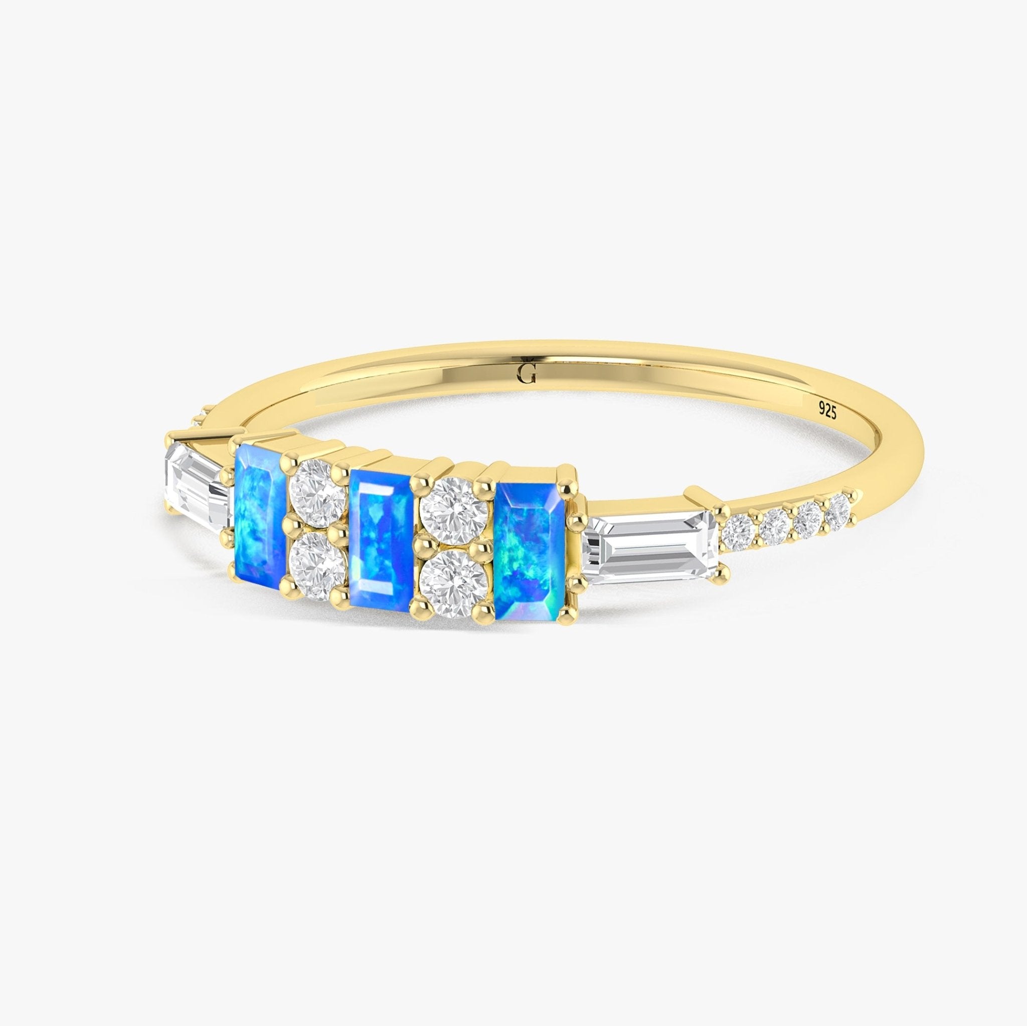 Natural Blue Opal with White Zircon Three Stone Statement Ring - Goodstone Jewels