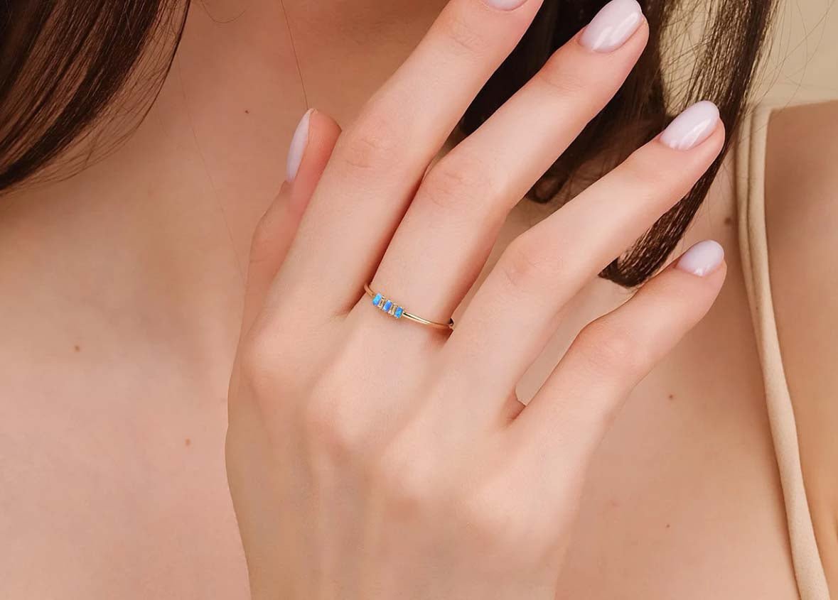 Natural Blue Opal with White Zircon Three Stone Statement Ring - Goodstone Jewels