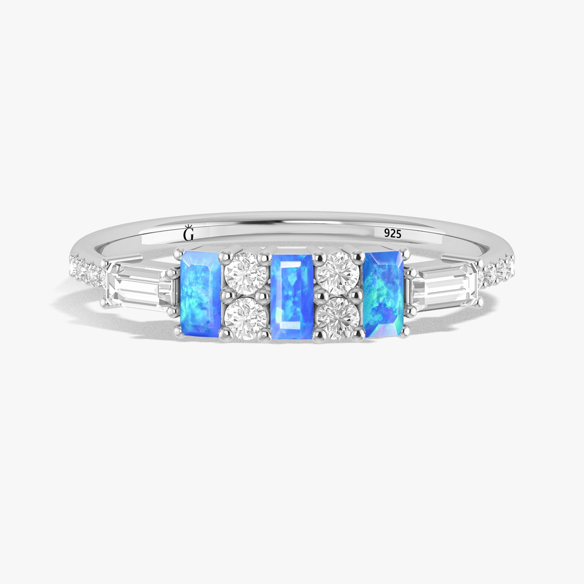 Natural Blue Opal with White Zircon Three Stone Statement Ring - Goodstone Jewels