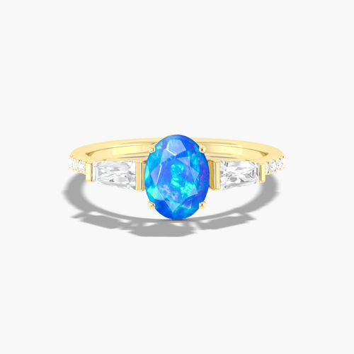 Natural Blue Opal with Zircon Three Stone Engagement Ring
