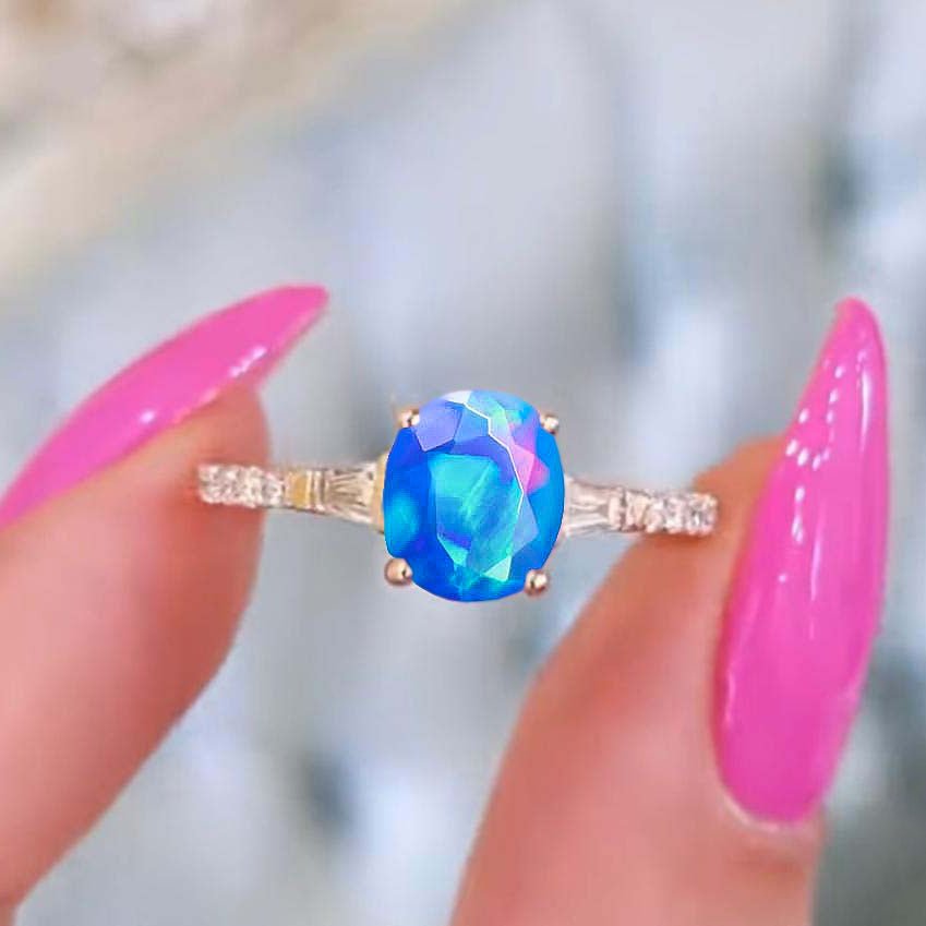 Natural Blue Opal with Zircon Three Stone Engagement Ring - Goodstone Jewels