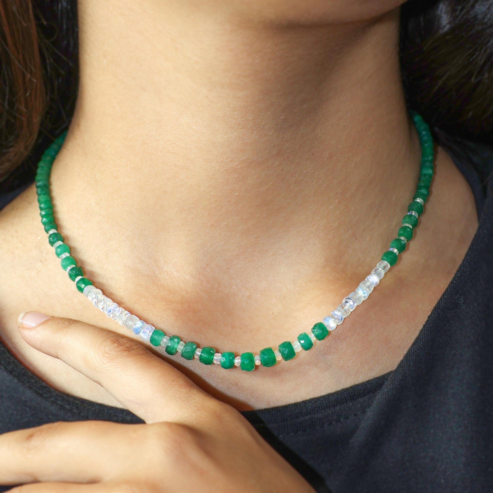 Natural Emerald and Moonstone Handmade Bead Strand Necklace - Goodstone Jewels
