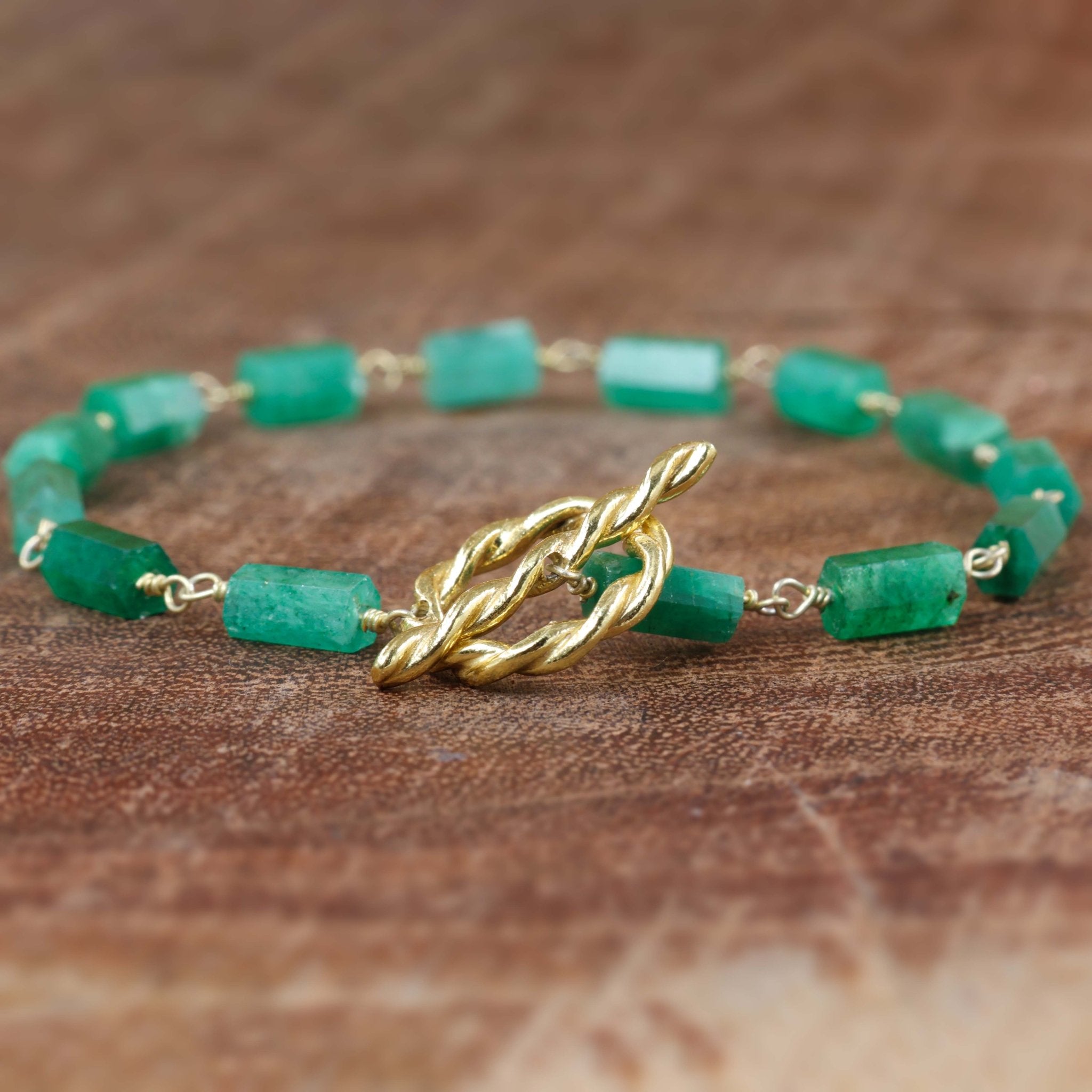 Natural Emerald Hexagon Pencil Wire Wrap Beaded Bracelet - Goodstone Jewels