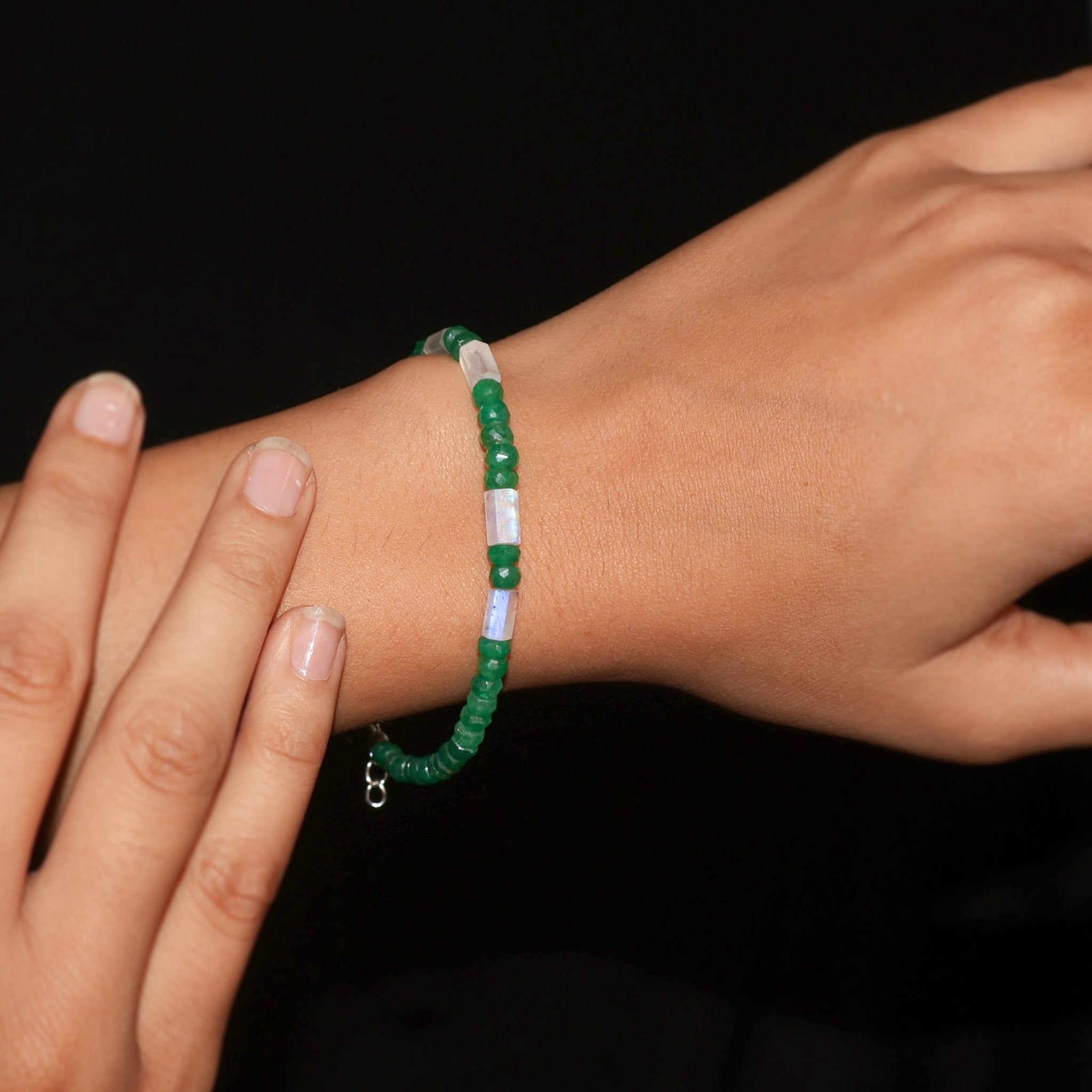 Natural Emerald & Moonstone Pencil Beaded Bracelet - Goodstone Jewels