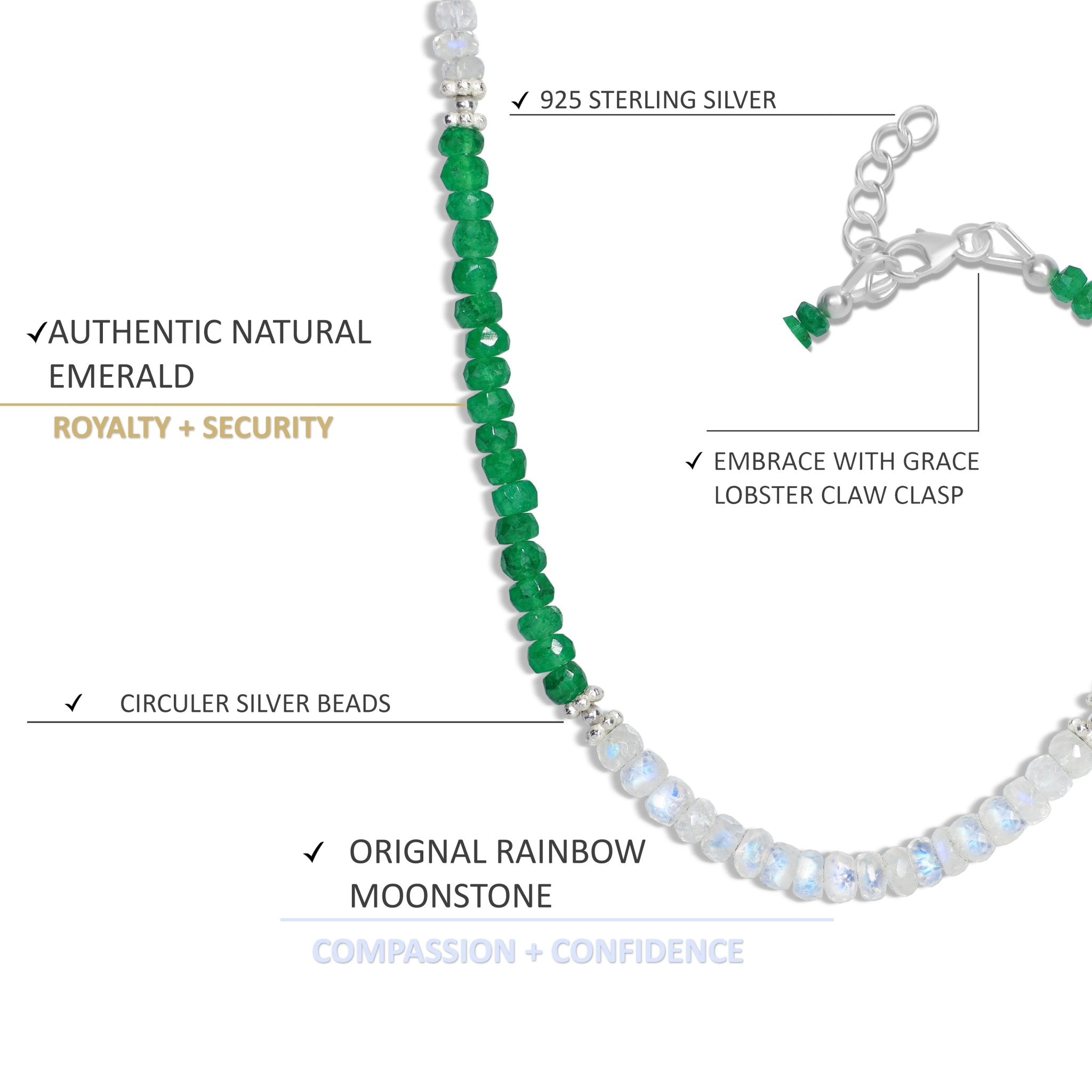 Natural Emerald with Rainbow Moonstone Beads Necklace - Goodstone Jewels