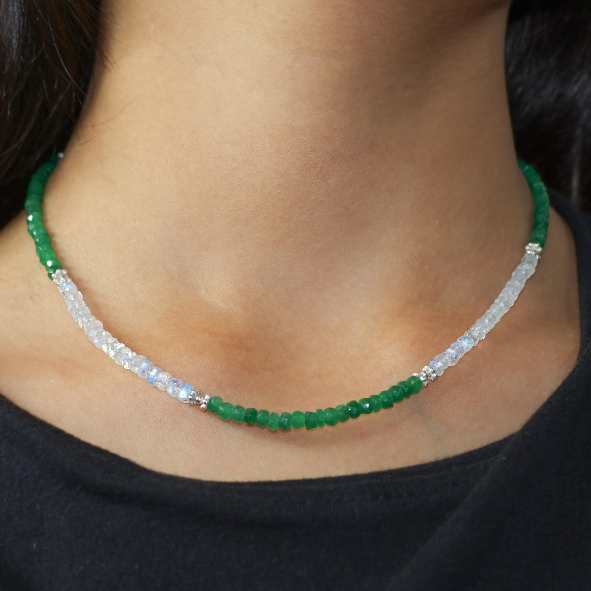 Natural Emerald with Rainbow Moonstone Beads Necklace - Goodstone Jewels