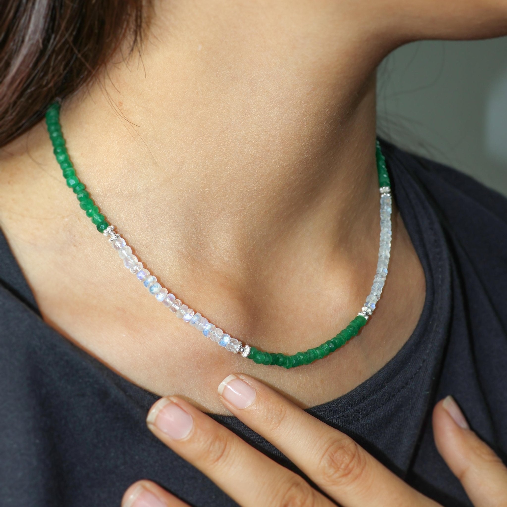 Natural Emerald with Rainbow Moonstone Beads Necklace - Goodstone Jewels