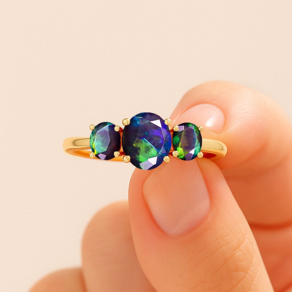 Natural Ethiopian Black Opal Three Stone Engagement Ring - Goodstone Jewels