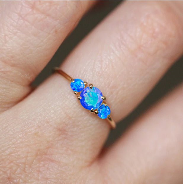 Natural Ethiopian Blue Opal Three Stone Engagement Ring - Goodstone Jewels