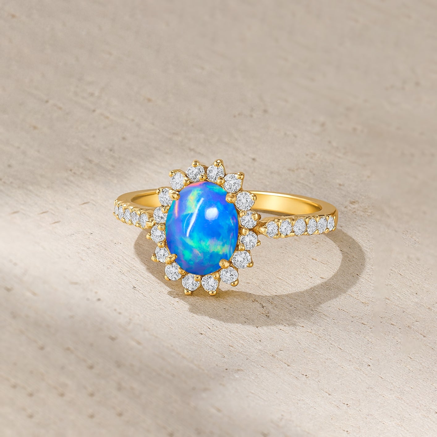 Natural Fire Blue Opal Gemstone Halo Style Ring - Goodstone Jewels