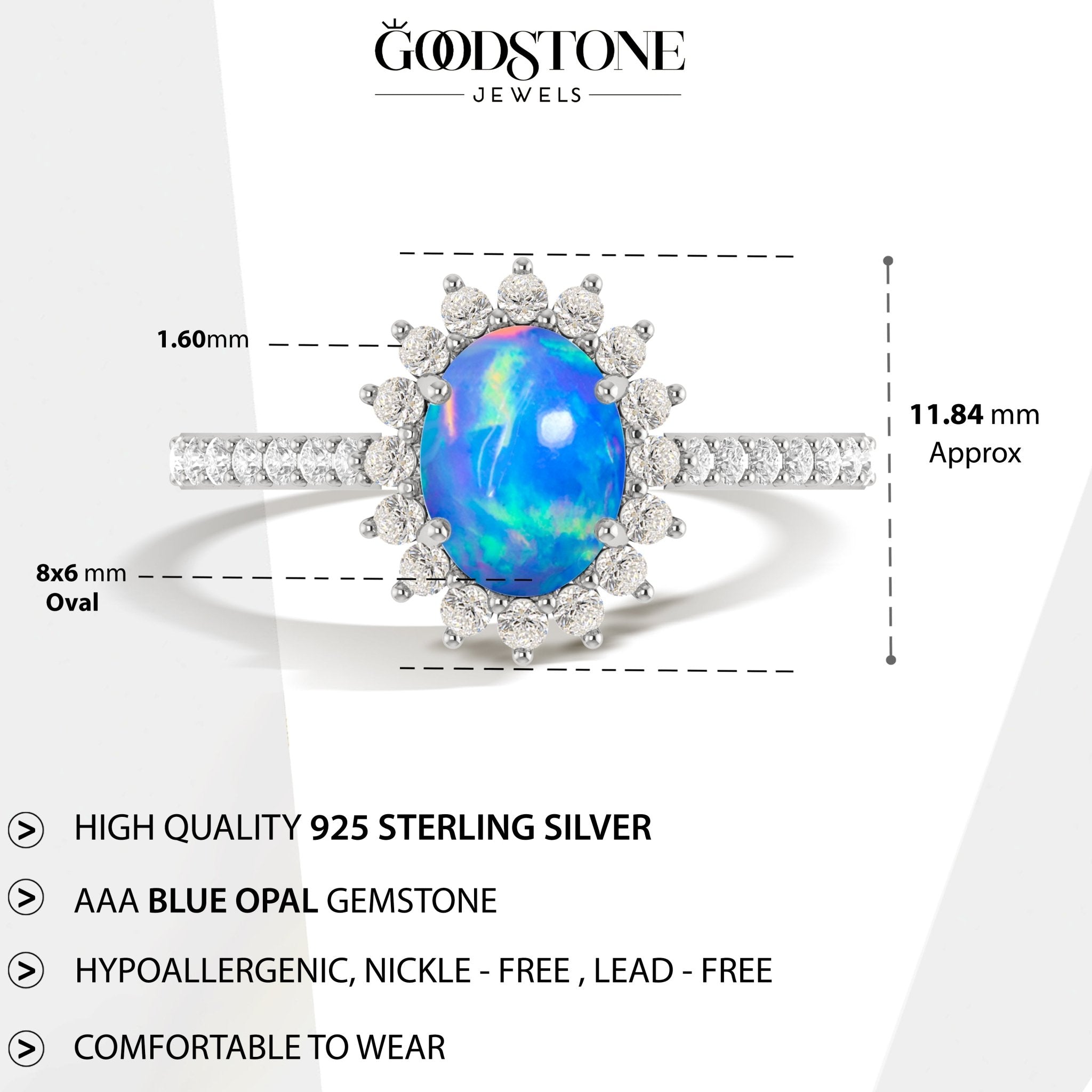 Natural Fire Blue Opal Gemstone Halo Style Ring - Goodstone Jewels