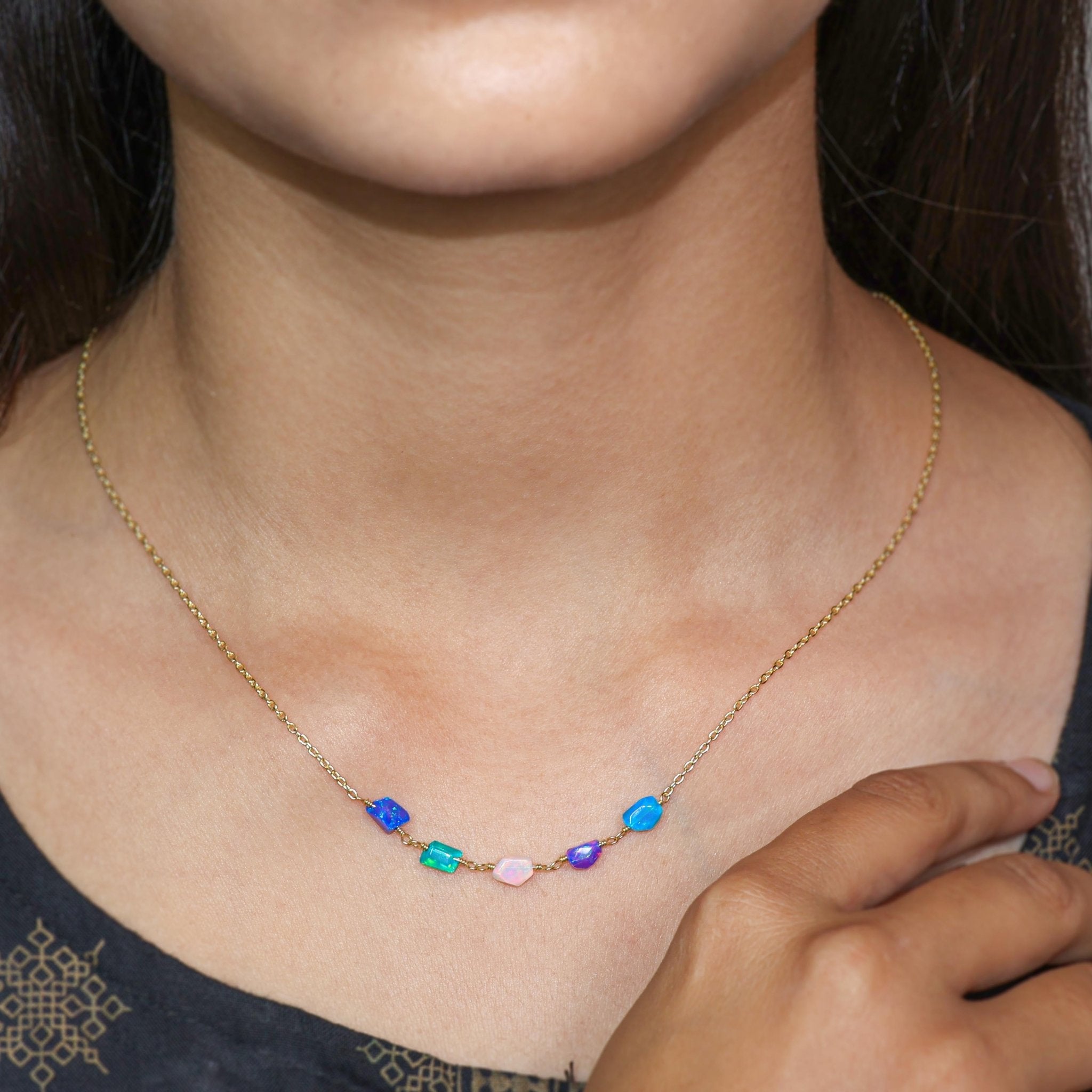 Natural Five Multicolor Opal Tumble Beaded Chain Necklace - Goodstone Jewels