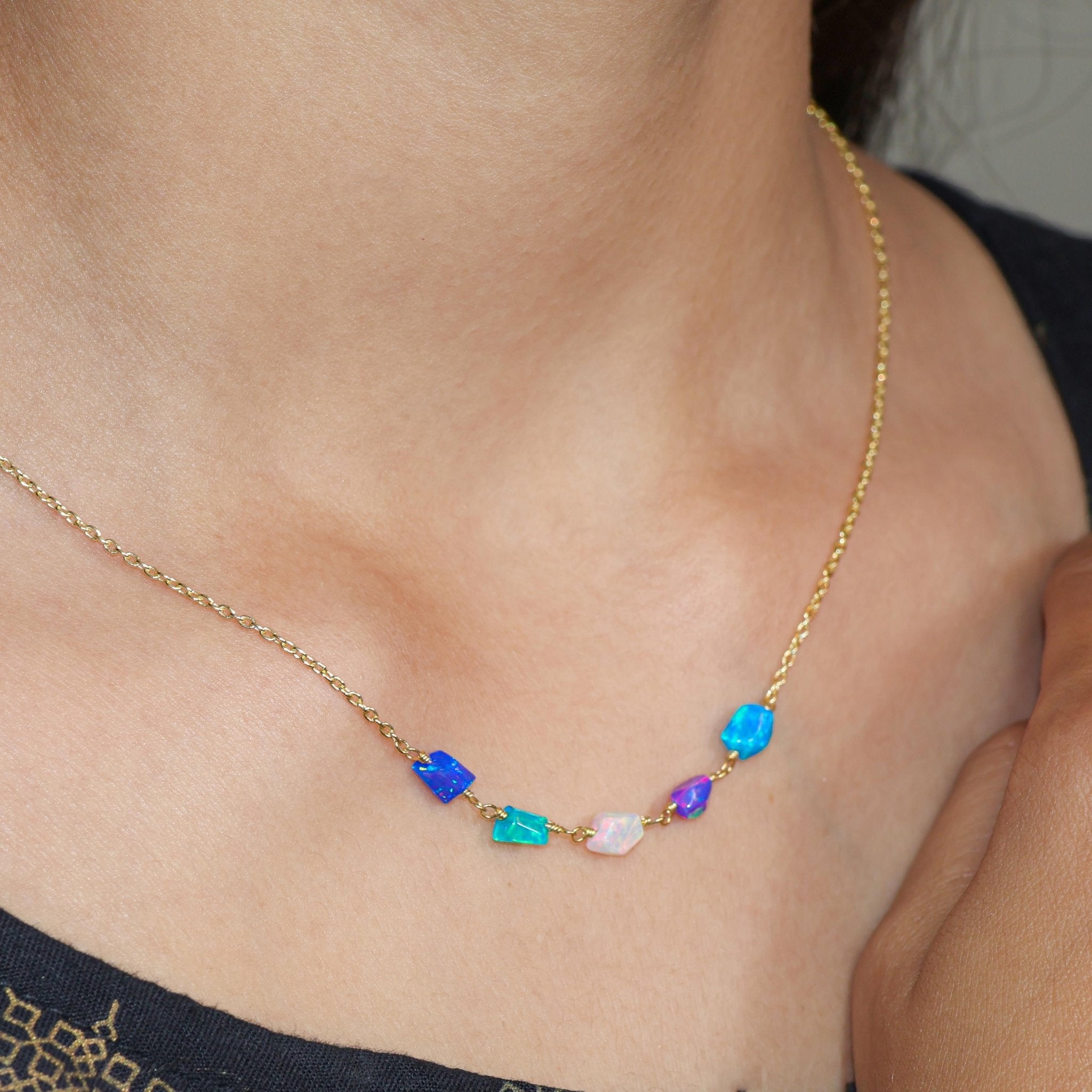 Natural Five Multicolor Opal Tumble Beaded Chain Necklace - Goodstone Jewels