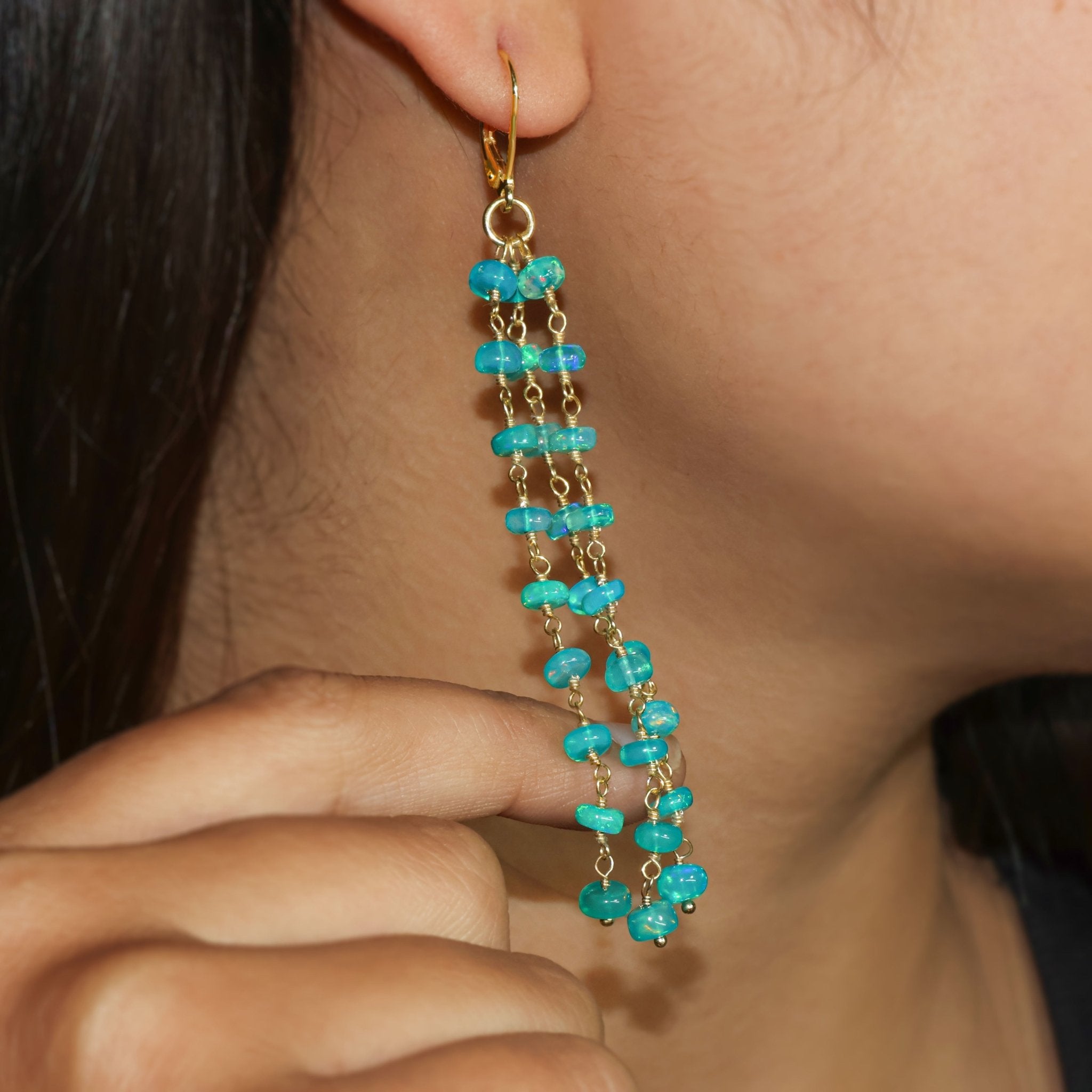 Natural Green Opal 3 Line Dangle Drop Handmade Earrings - Goodstone Jewels