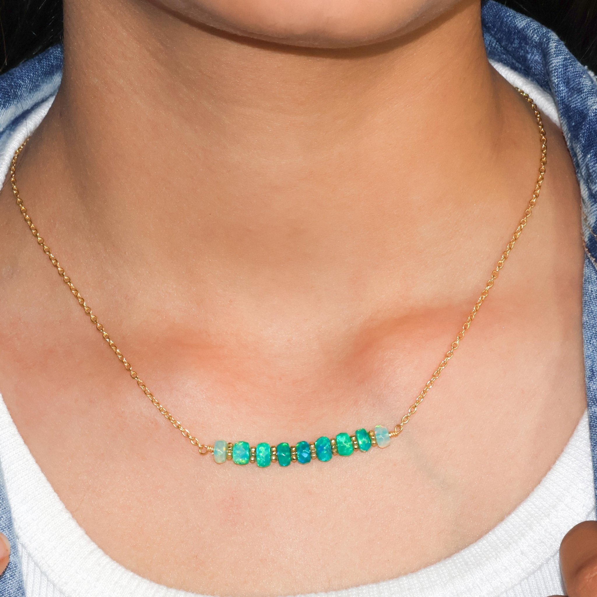 Natural Green Opal Beaded Bar Chain Necklace for Women - Goodstone Jewels