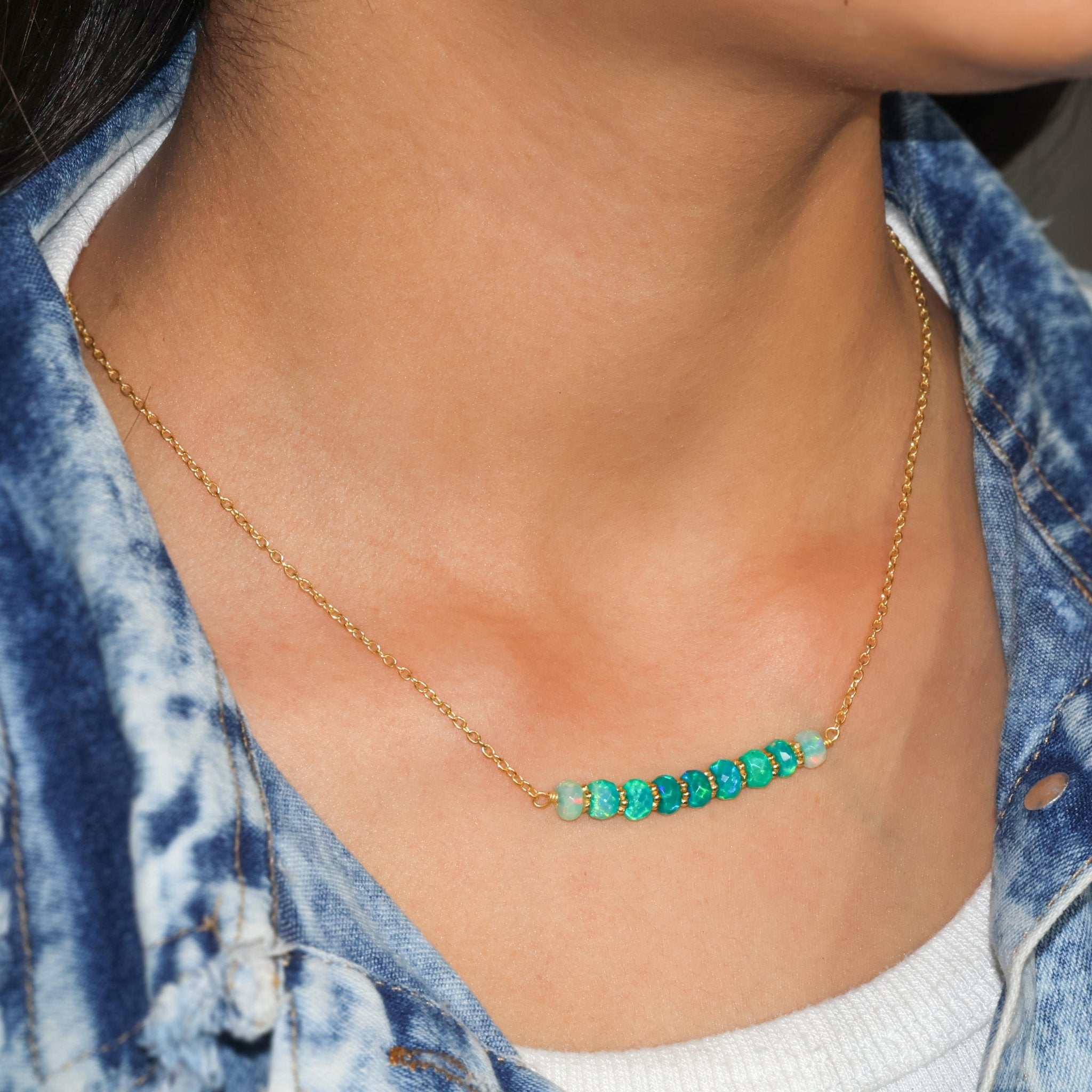 Natural Green Opal Beaded Bar Chain Necklace for Women - Goodstone Jewels