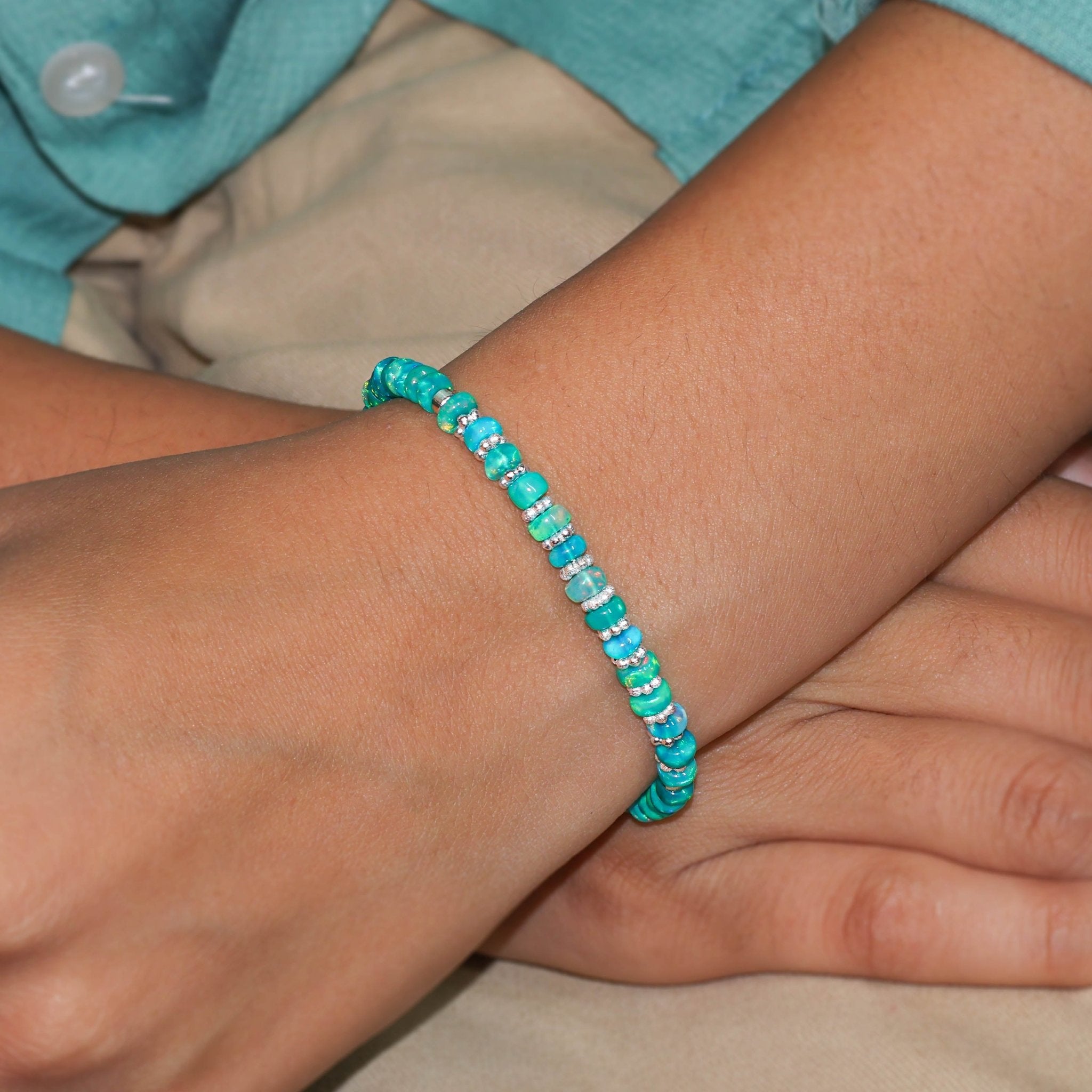 Natural Green Opal Beaded Bracelet With Circular Silver Chakri Beads - Goodstone Jewels