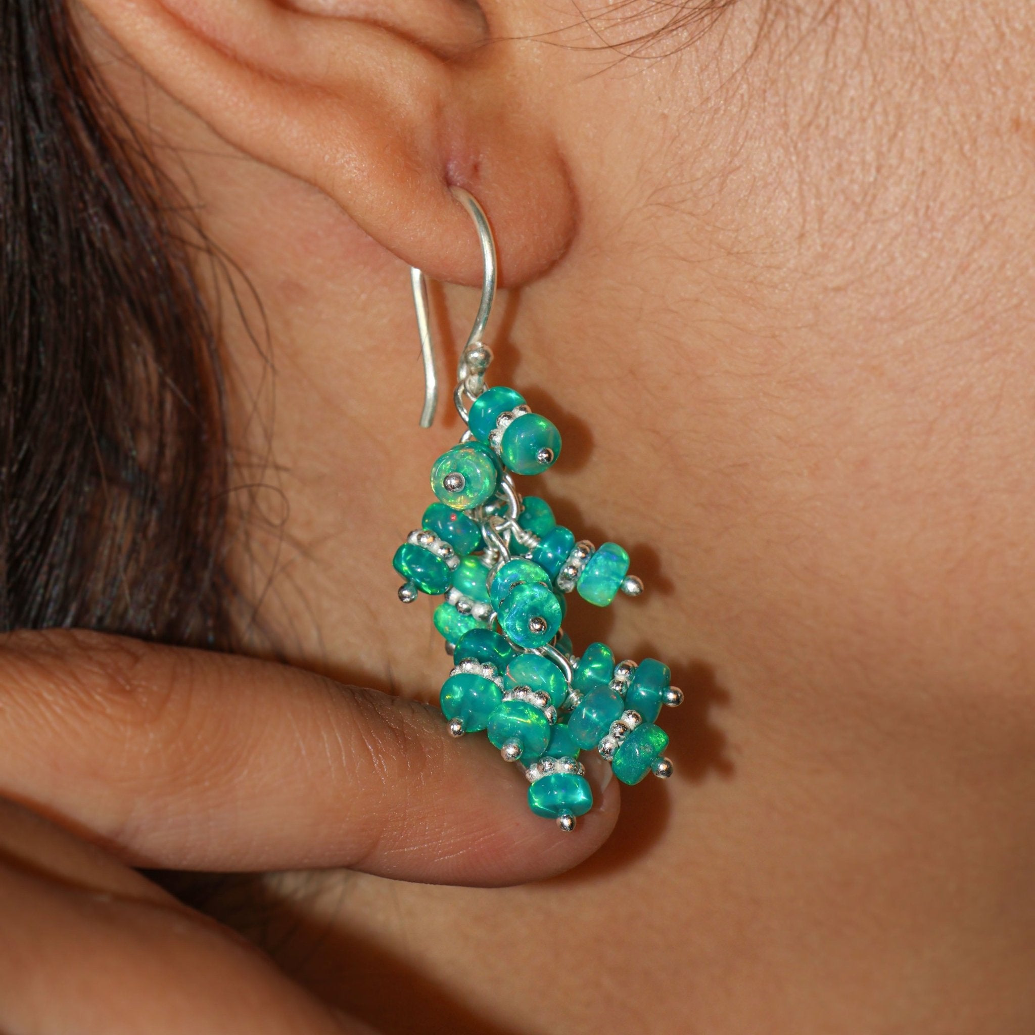 Natural Green Opal Beaded Chakri Style Cluster Earrings - Goodstone Jewels