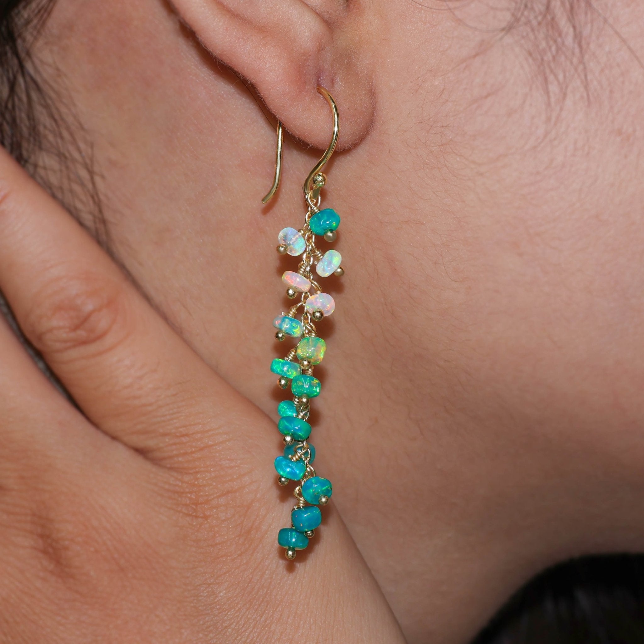 Natural Green Opal Beaded Long Cluster Dangle Earrings - Goodstone Jewels