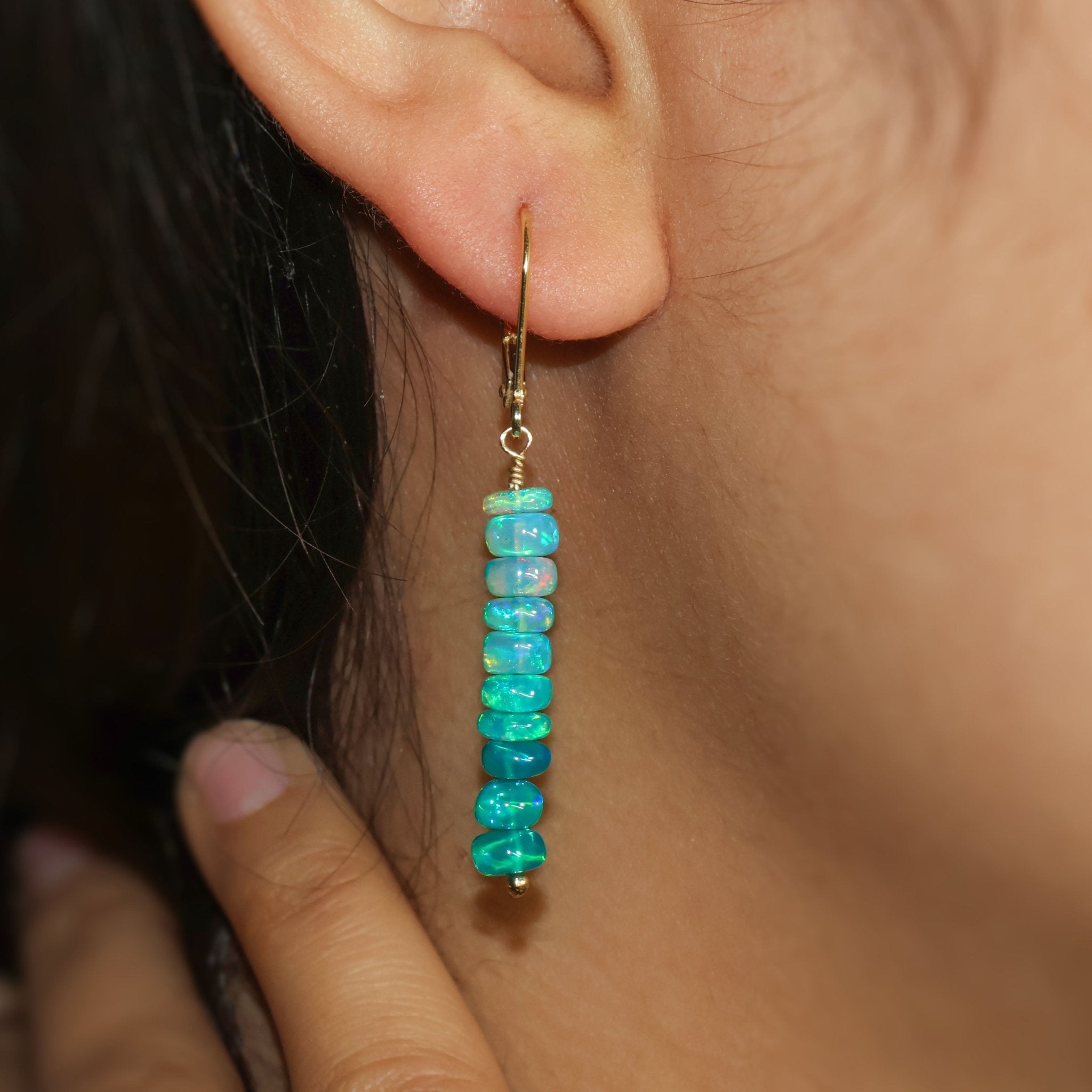 Natural Green Opal Linear Beaded Dangle Drop Earrings - Goodstone Jewels