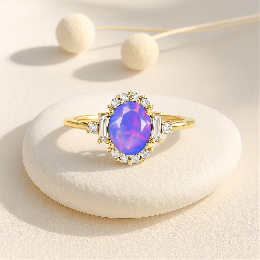Natural Lavender Fire Opal Halo Wedding Ring - Goodstone Jewels
