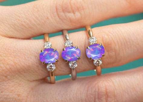 Natural Lavender Opal and White Zircon Engagement Three Stone Ring - Goodstone Jewels