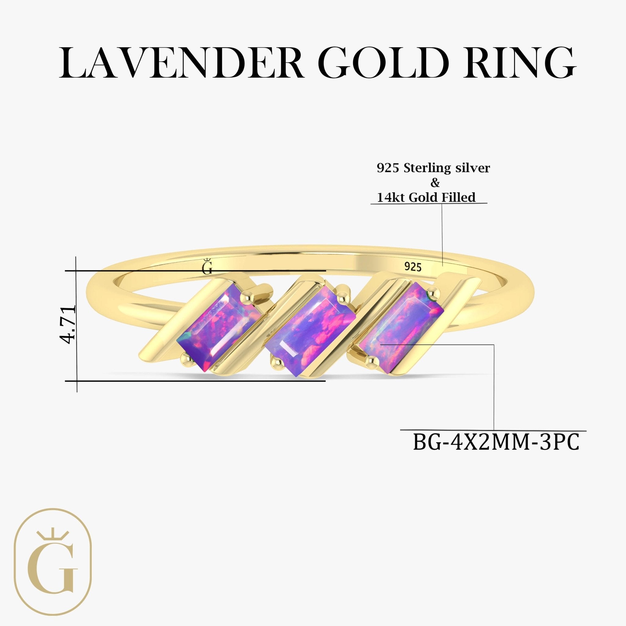 Natural Lavender Opal Baguette Style Three Stone Ring in Gold Filled & Sterling Silver - Goodstone Jewels