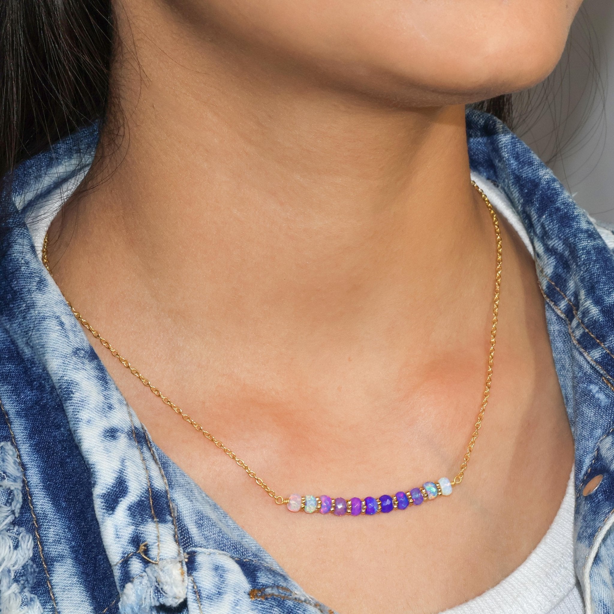 Natural Lavender Opal Beaded Bar Chain Necklace for Women - Goodstone Jewels